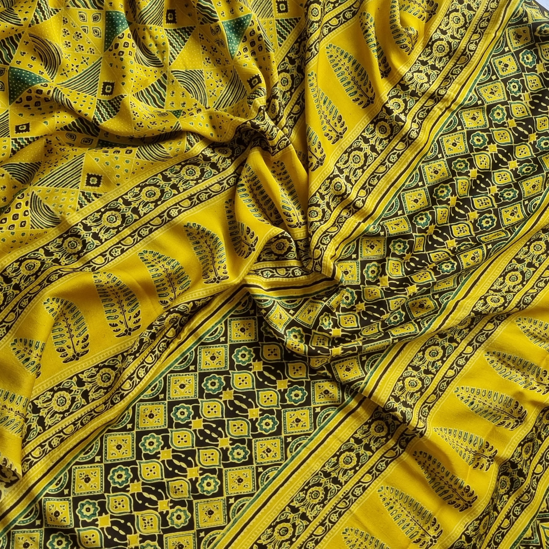 Handcrafted Ajrakh on modal silk yellow