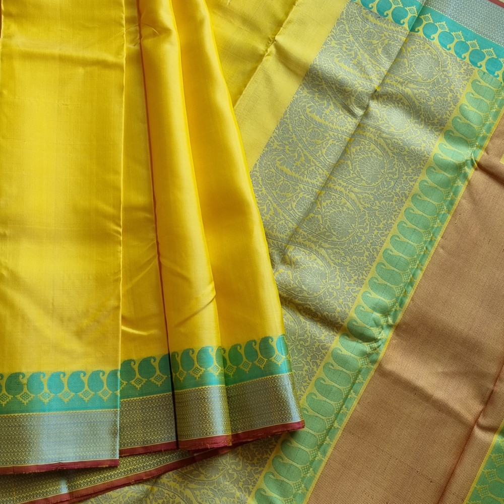Image of Kanjivaram Silk yellow threadwork