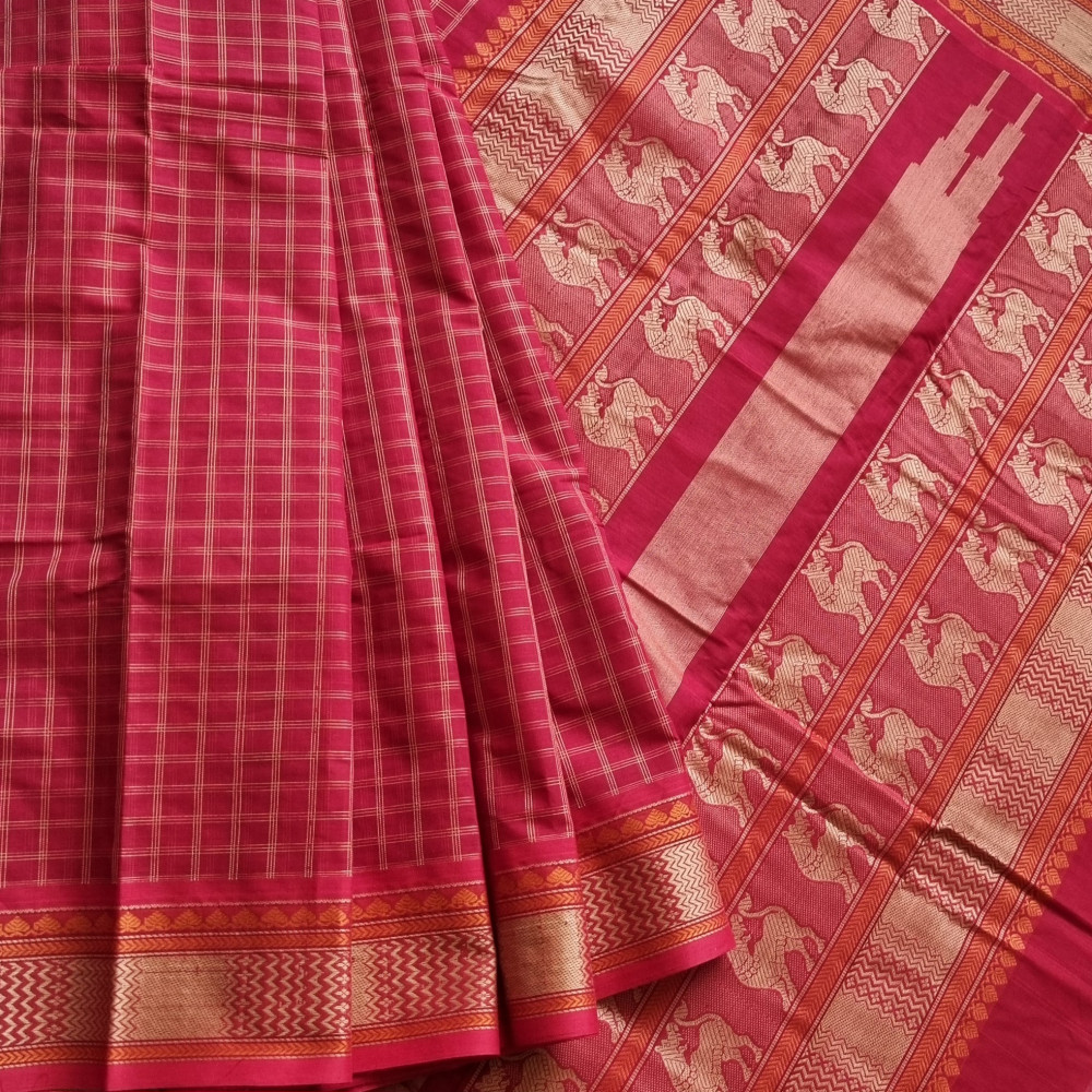 Image of Kanchi Cotton red checked with Yali on pallu