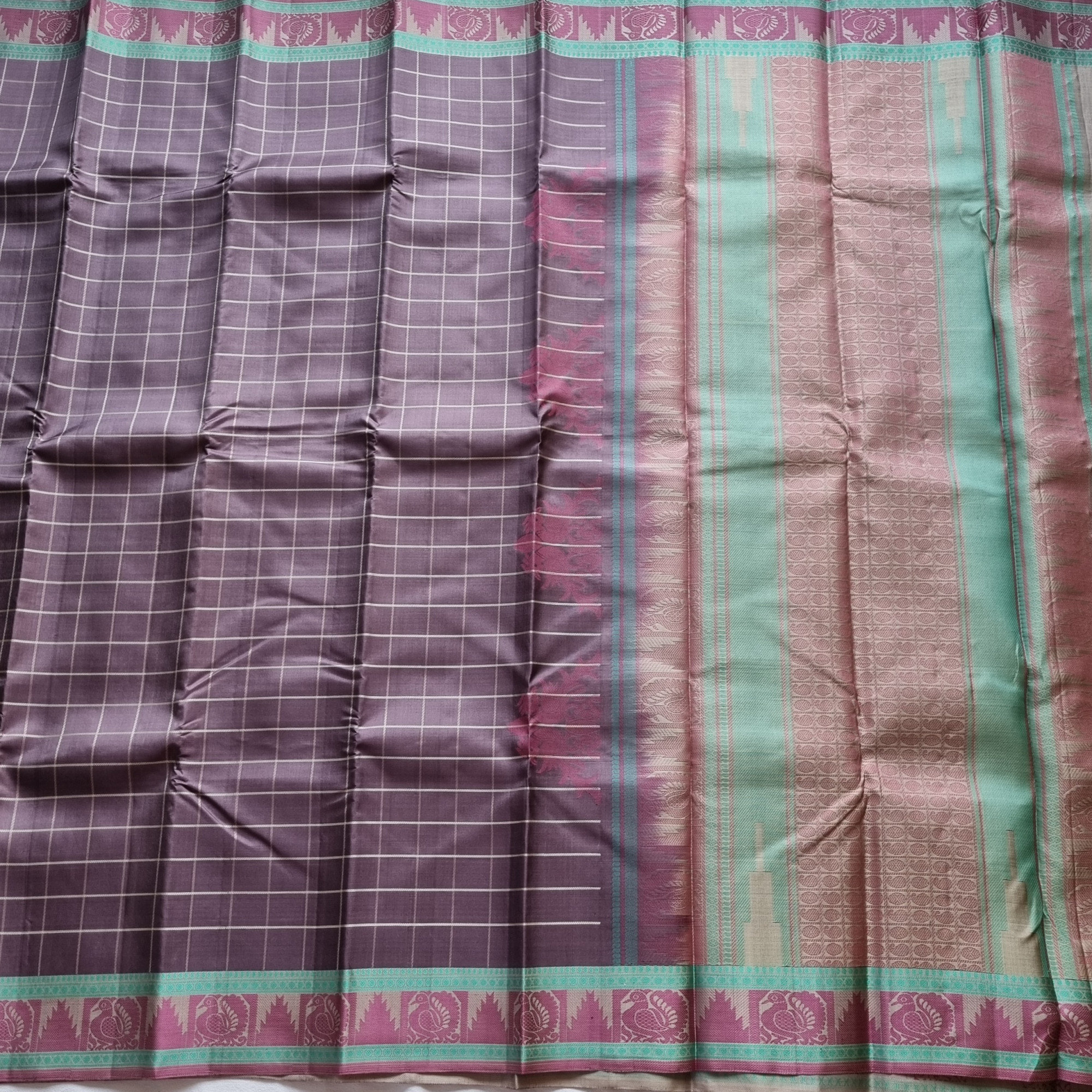 Kanjivaram Silk taupe checked threadwork