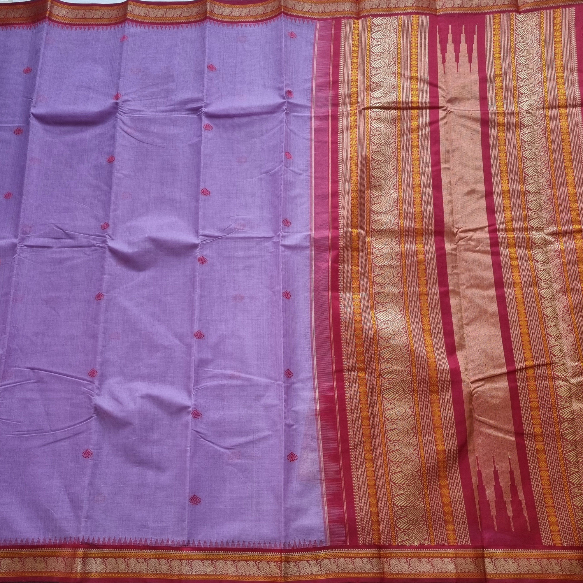 Kanchi Cotton body purple with red Korvai Silk Borders