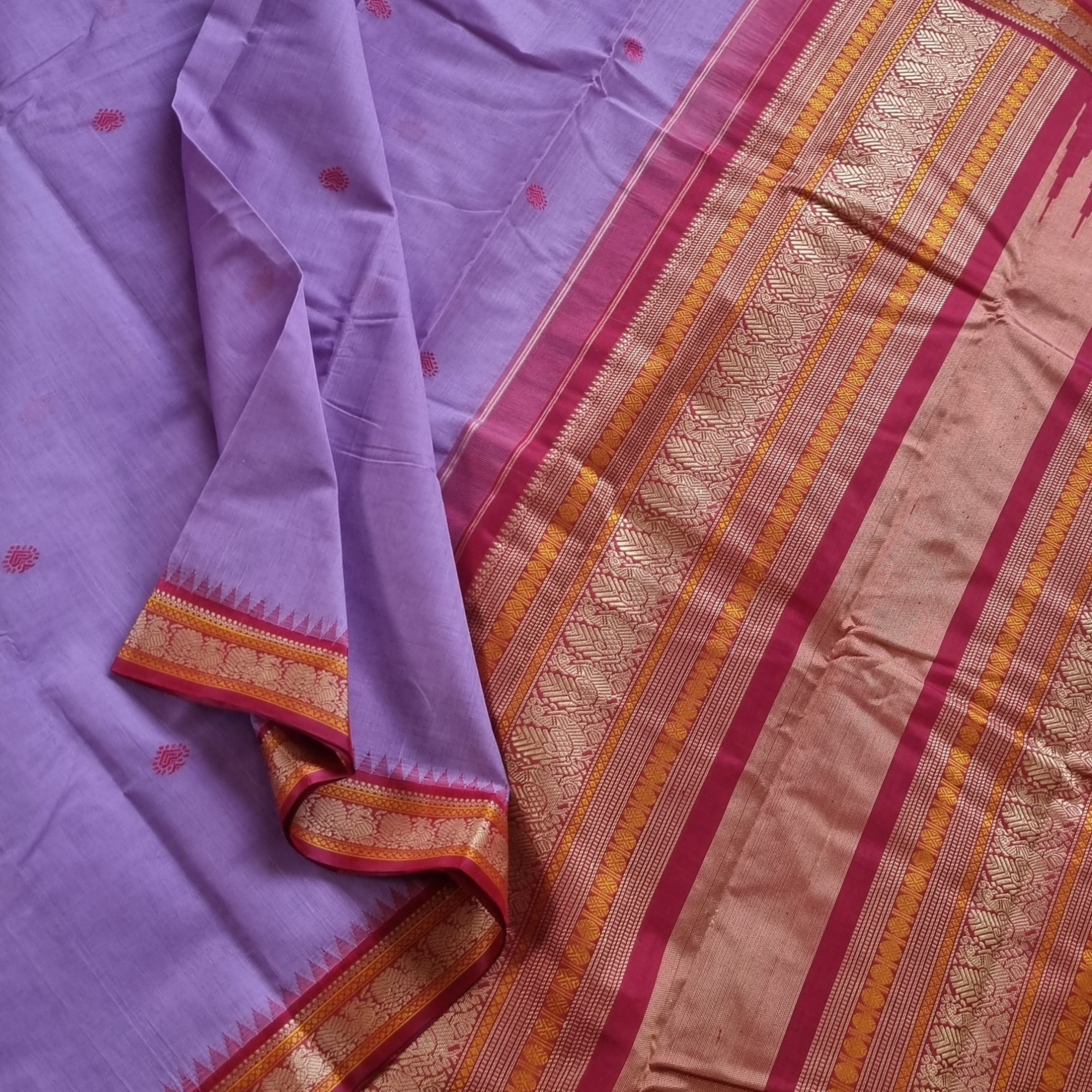 Kanchi Cotton body purple with red Korvai Silk Borders