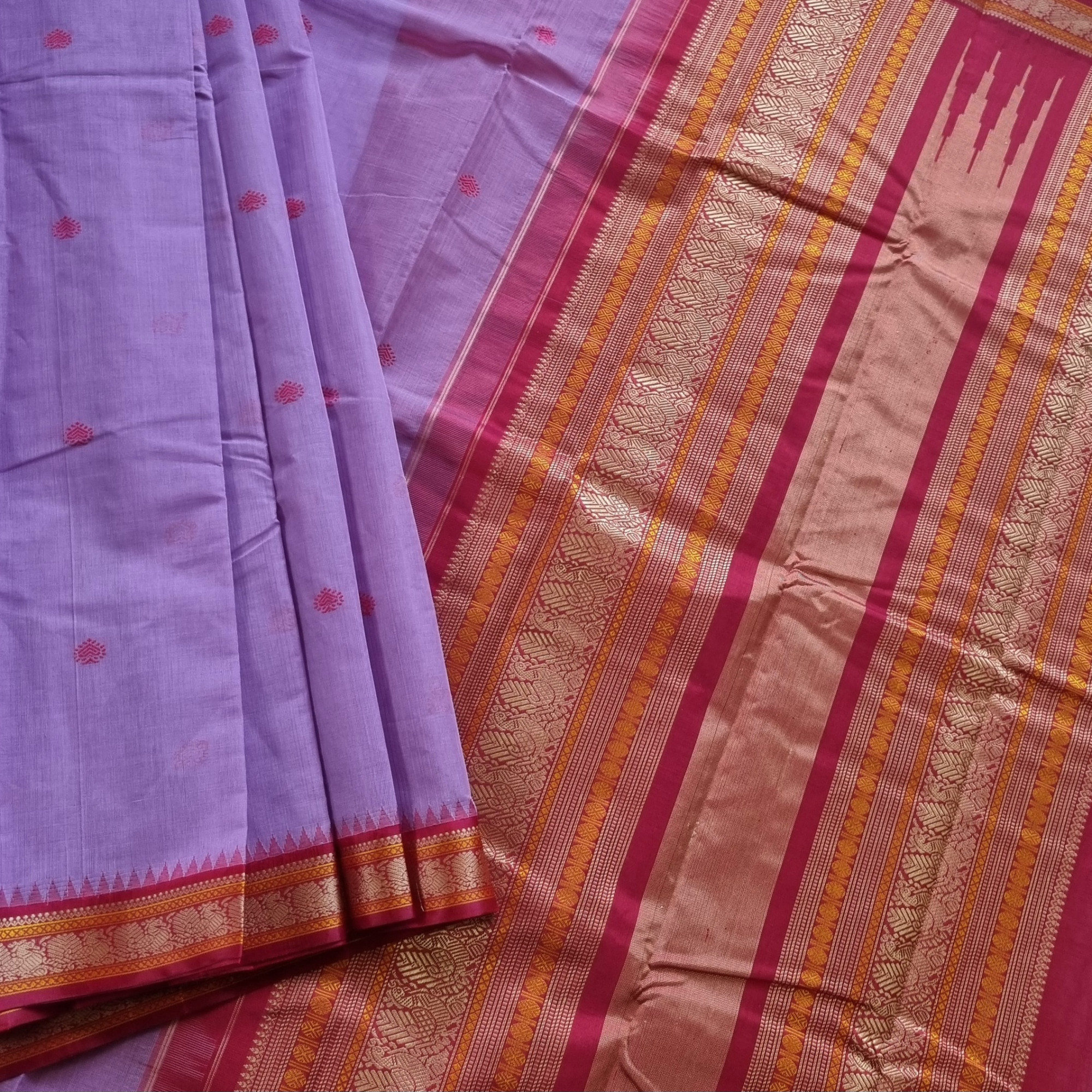 Kanchi Cotton body purple with red Korvai Silk Borders