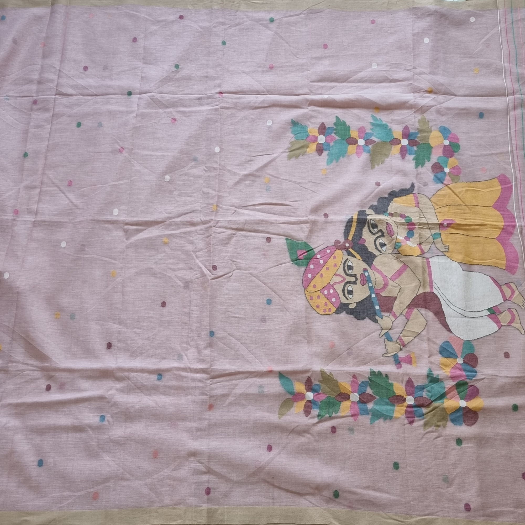 Soft cotton Jamdani pastel pink with Krishna