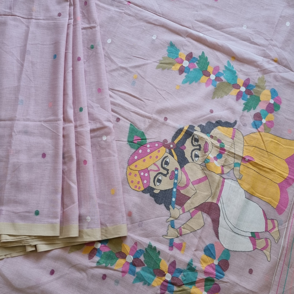Image of Soft cotton Jamdani pastel pink with Krishna