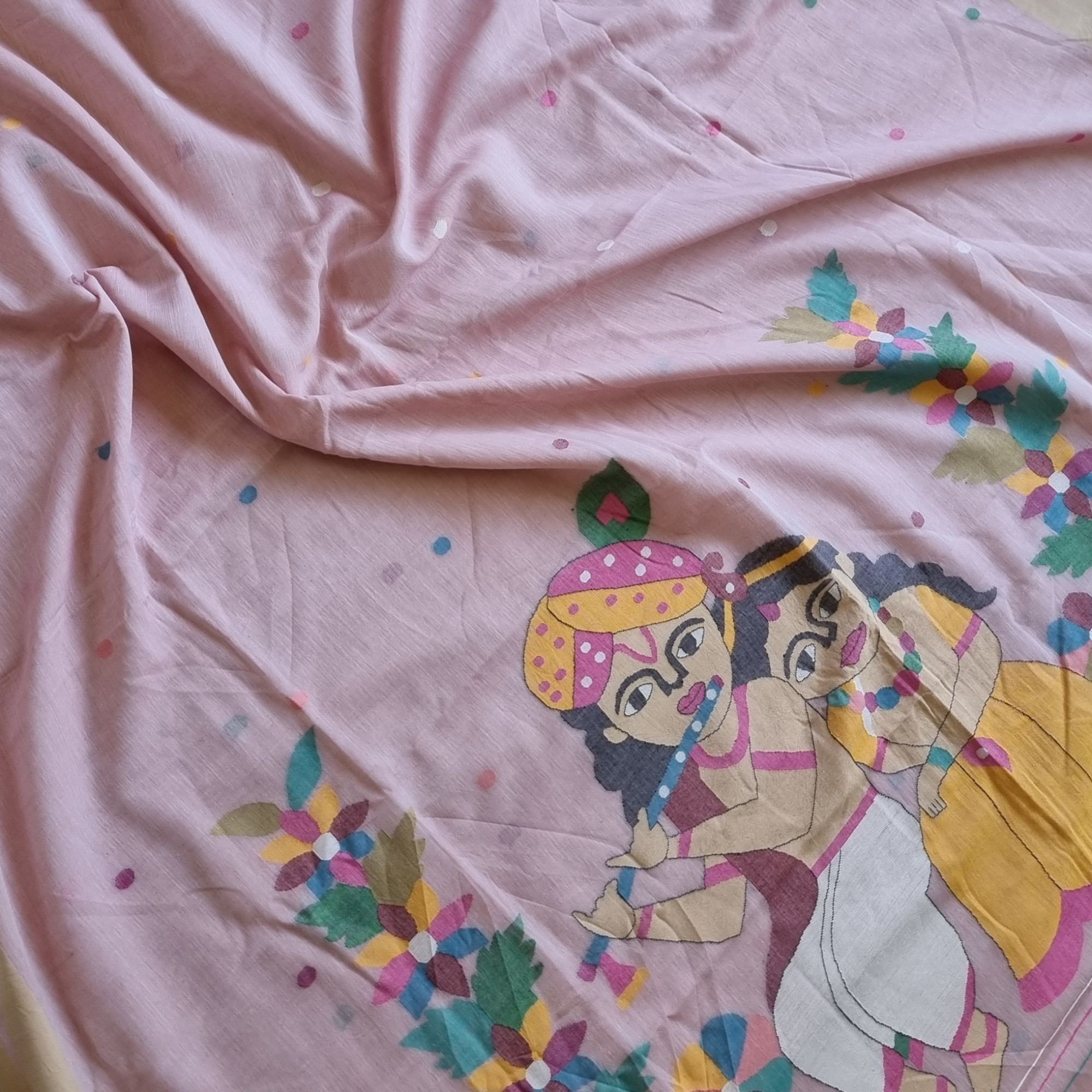 Soft cotton Jamdani pastel pink with Krishna