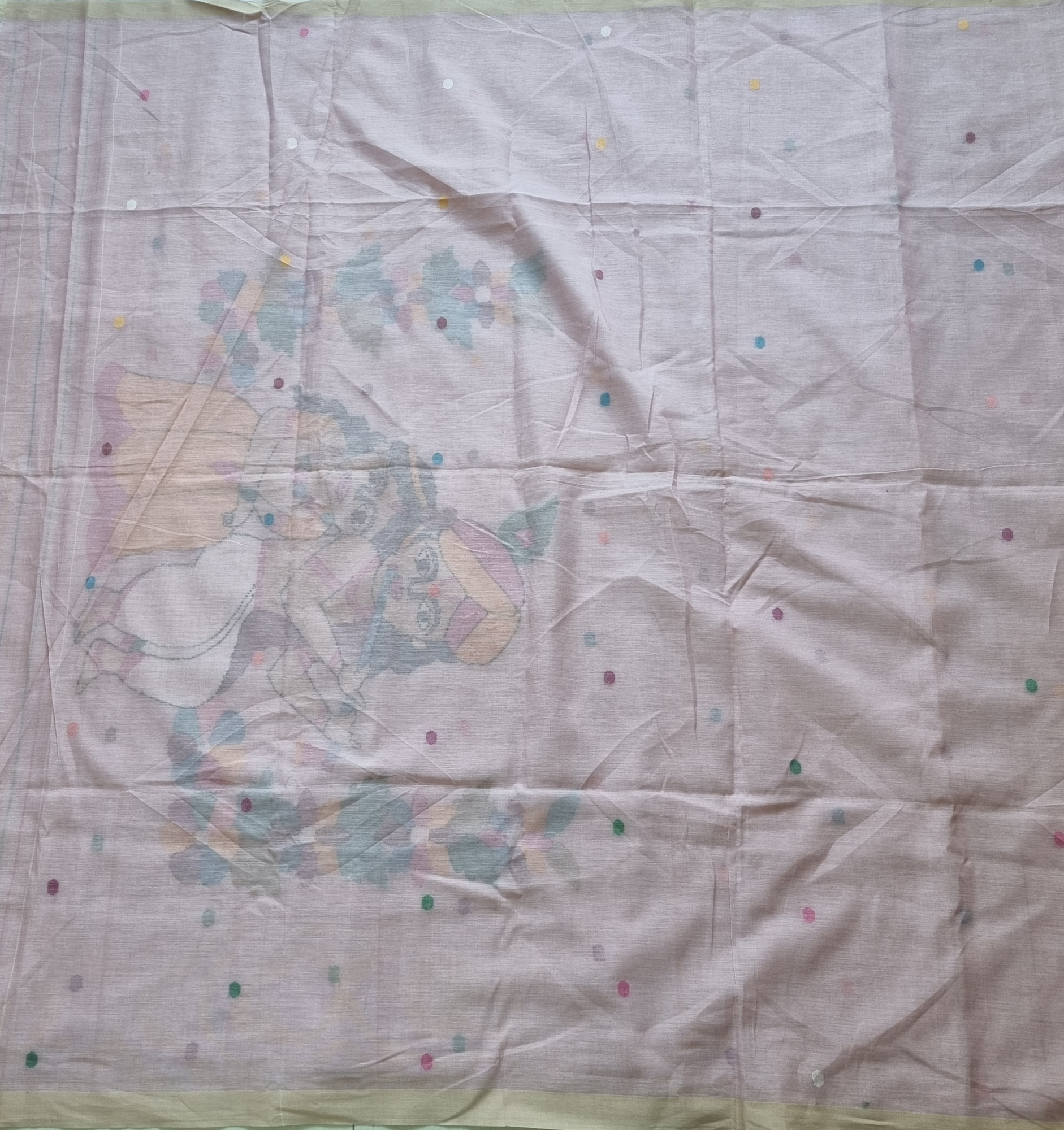 Soft cotton Jamdani pastel pink with Krishna