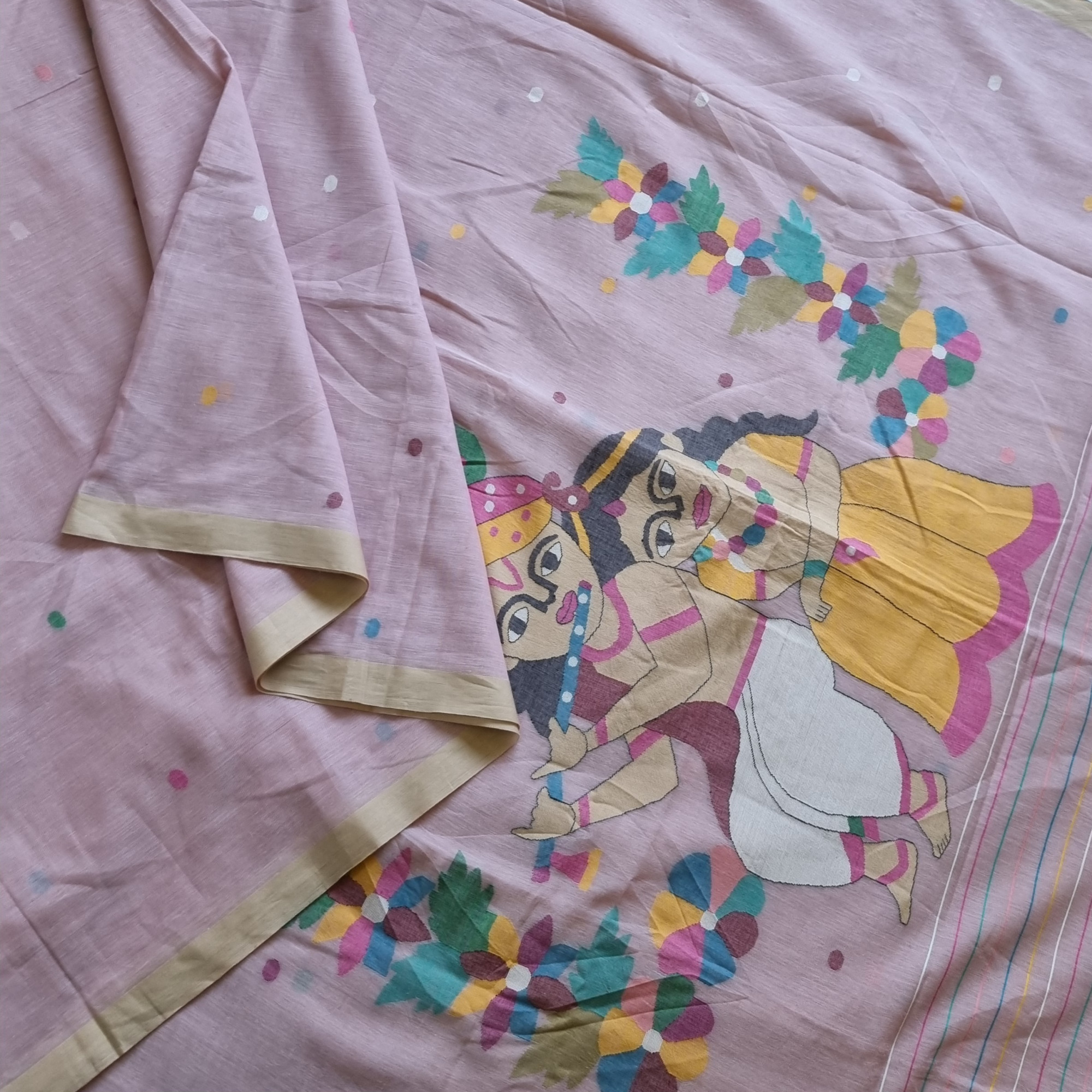 Soft cotton Jamdani pastel pink with Krishna