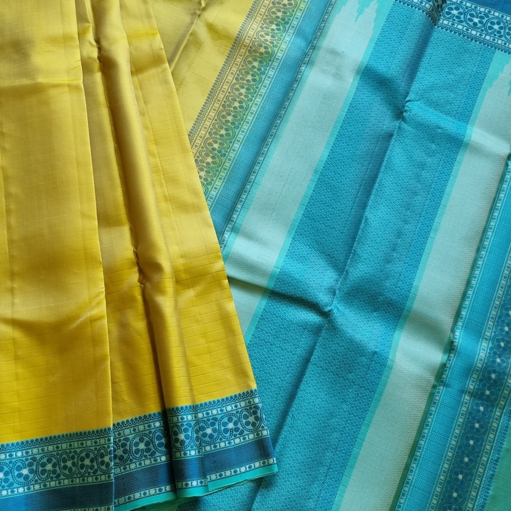 Image of Kanjivaram Silk lime yellow Meenakari threadwork