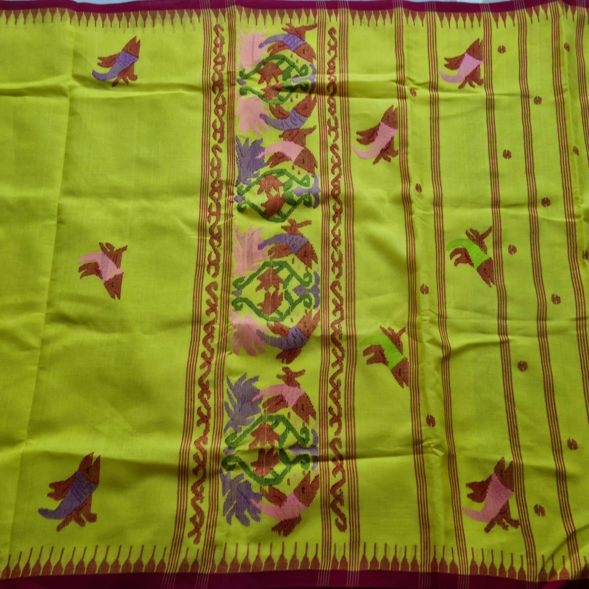Moirang phee cotton yellow with red borders