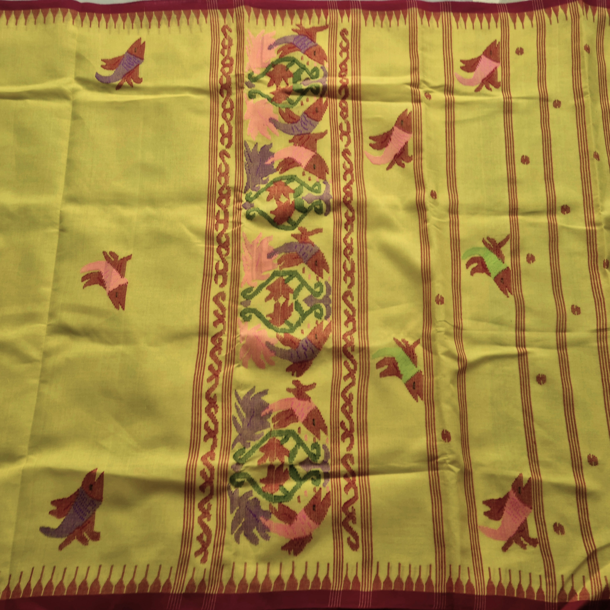 Moirang phee cotton yellow with red borders