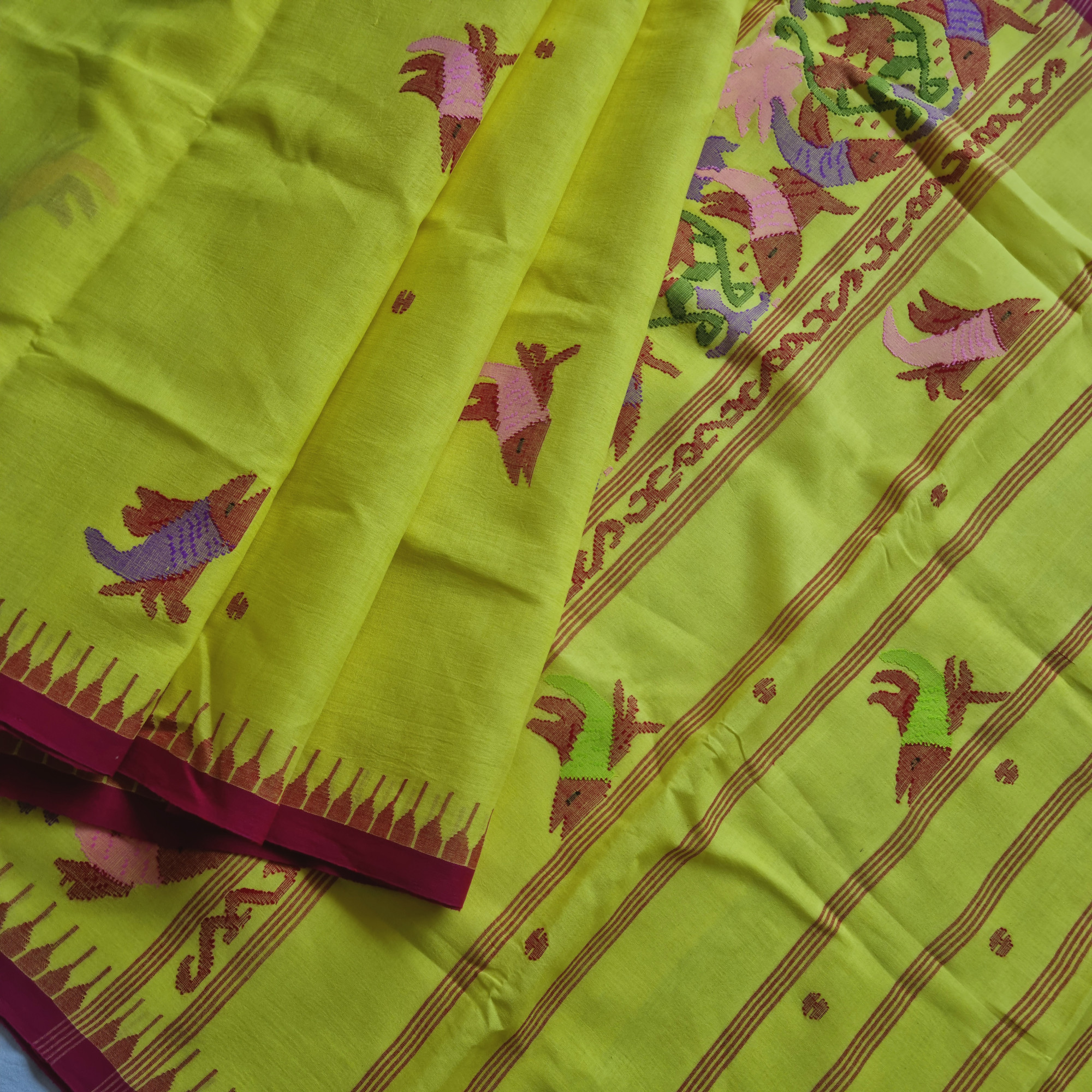 Moirang phee cotton yellow with red borders