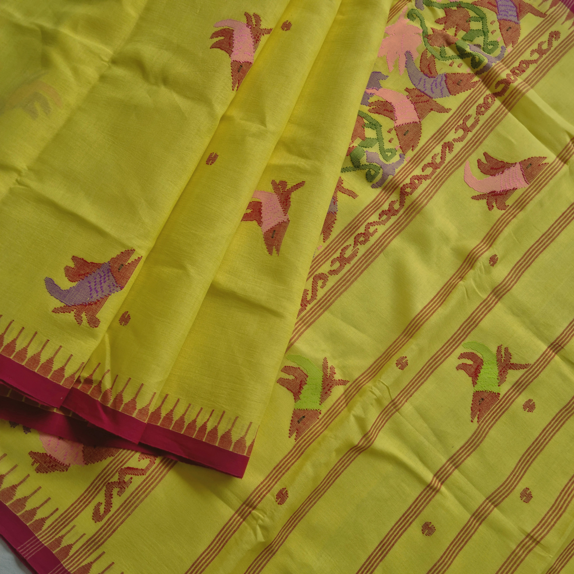 Moirang phee cotton yellow with red borders
