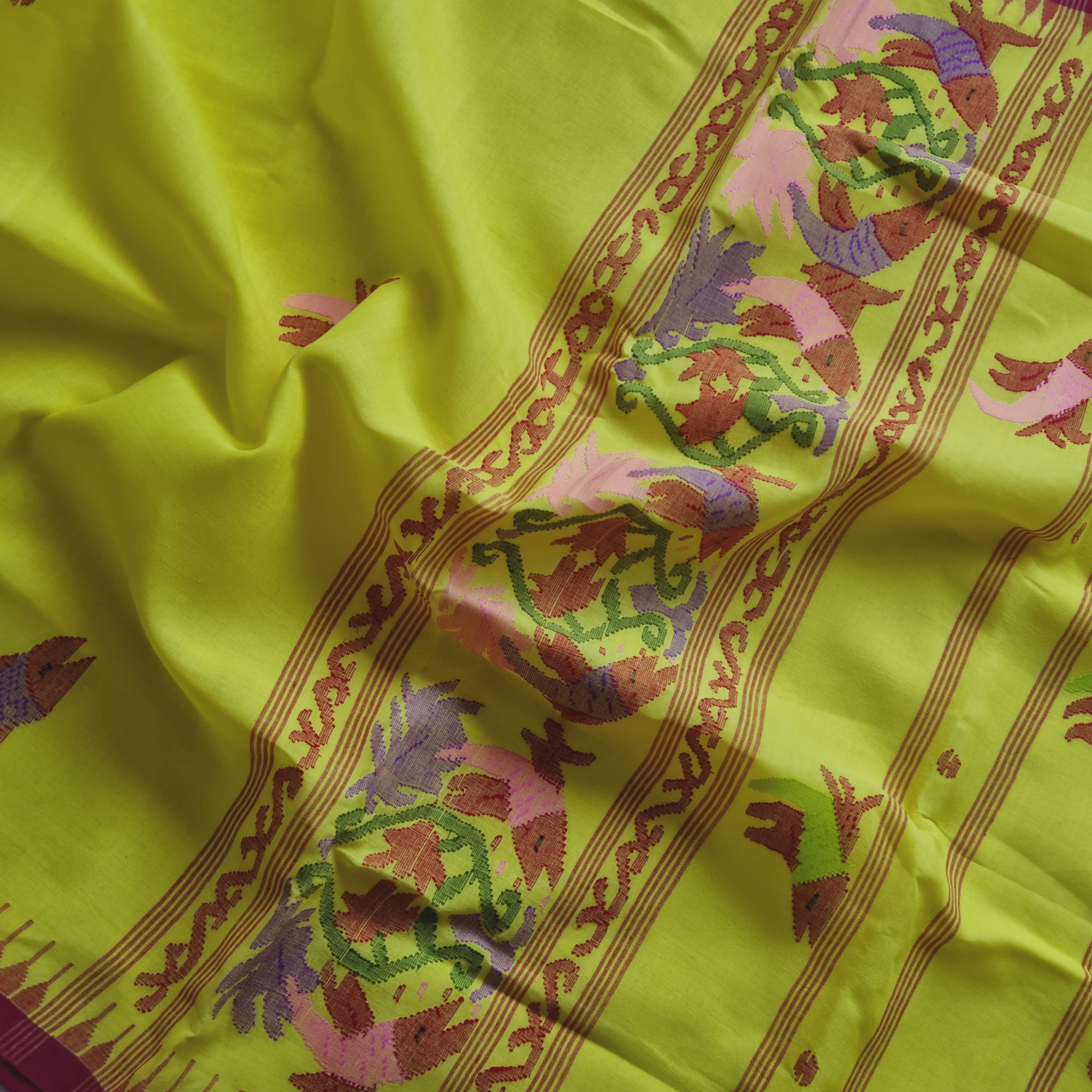 Moirang phee cotton yellow with red borders