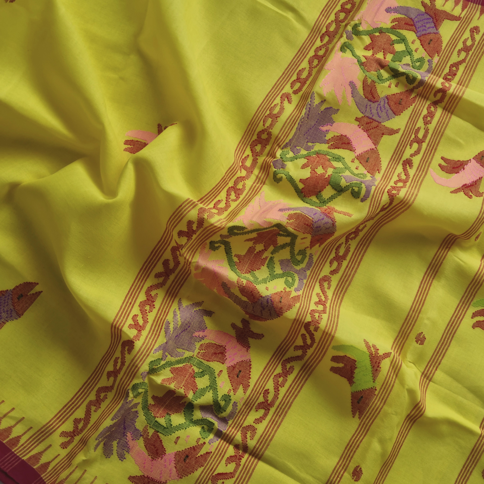 Moirang phee cotton yellow with red borders