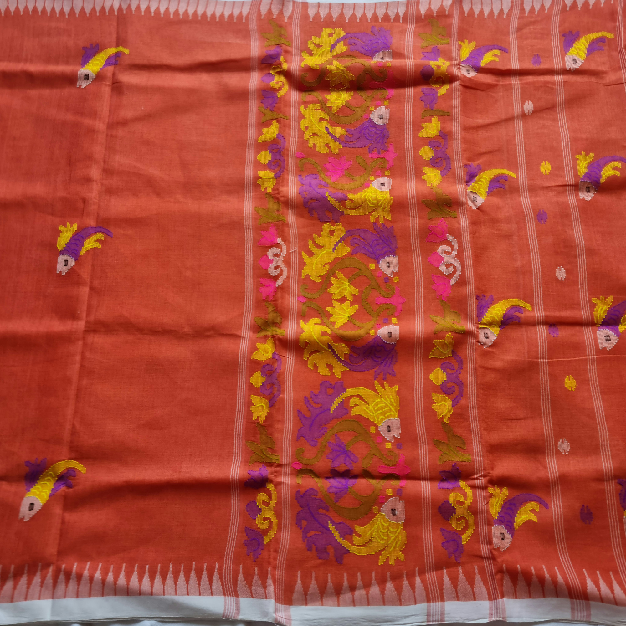 Moirang phee Cotton rust peach with offwhite borders
