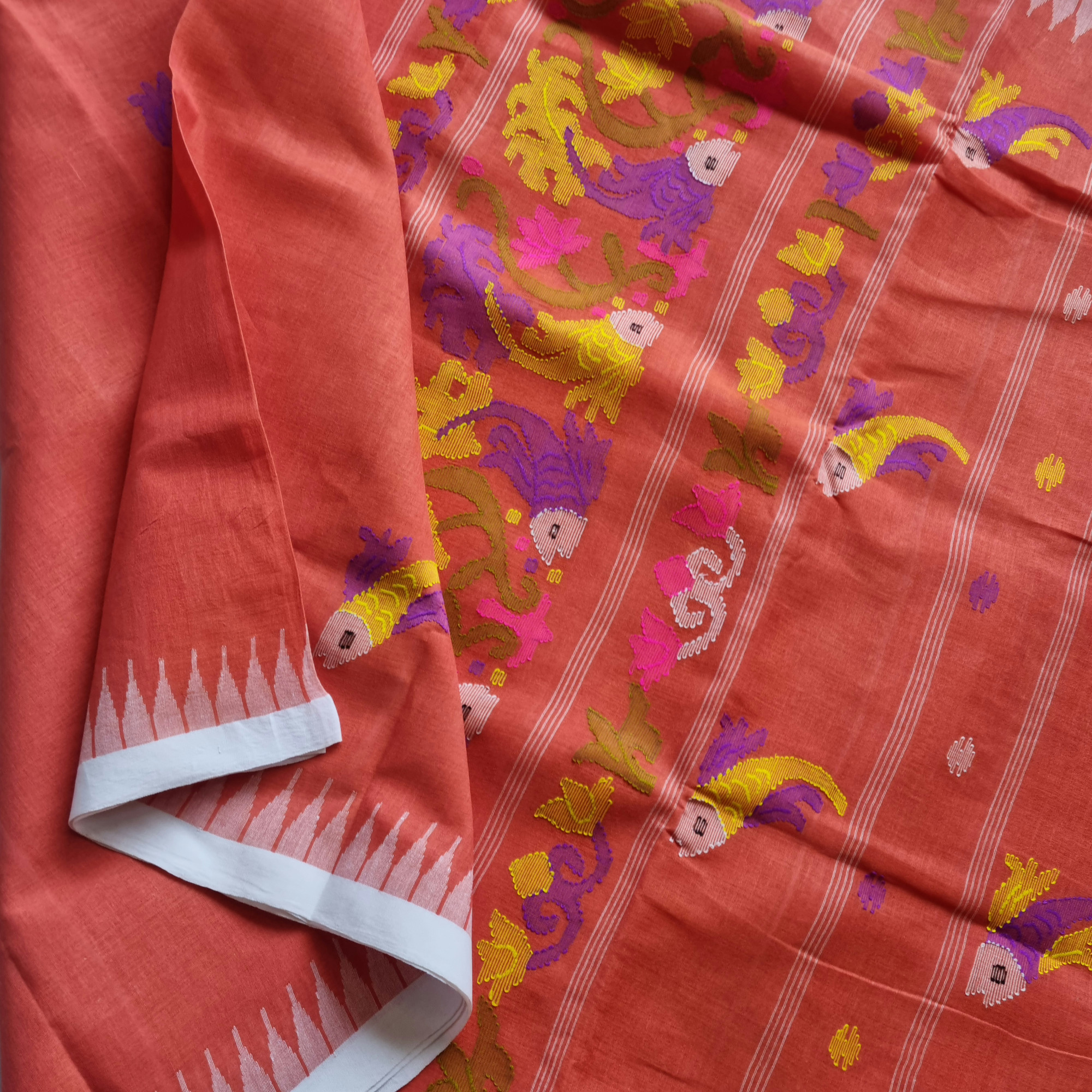 Moirang phee Cotton rust peach with offwhite borders