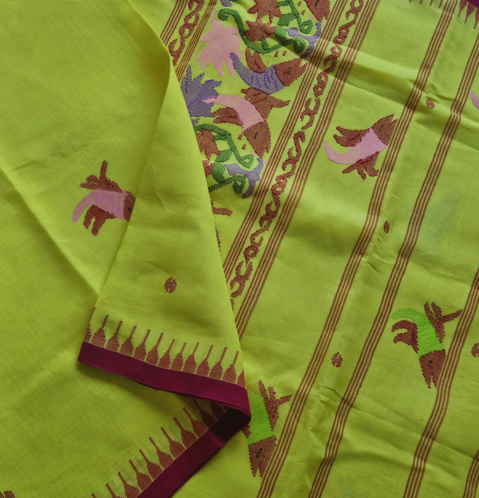 Moirang phee cotton yellow with red borders