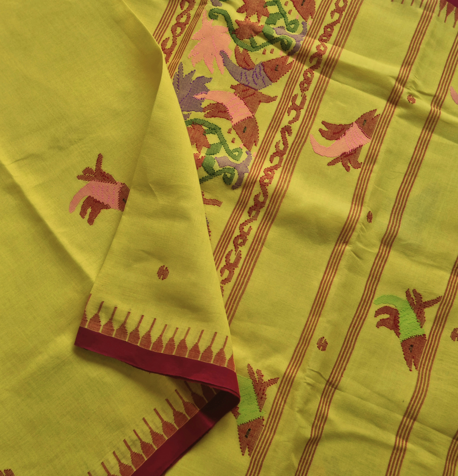Moirang phee cotton yellow with red borders