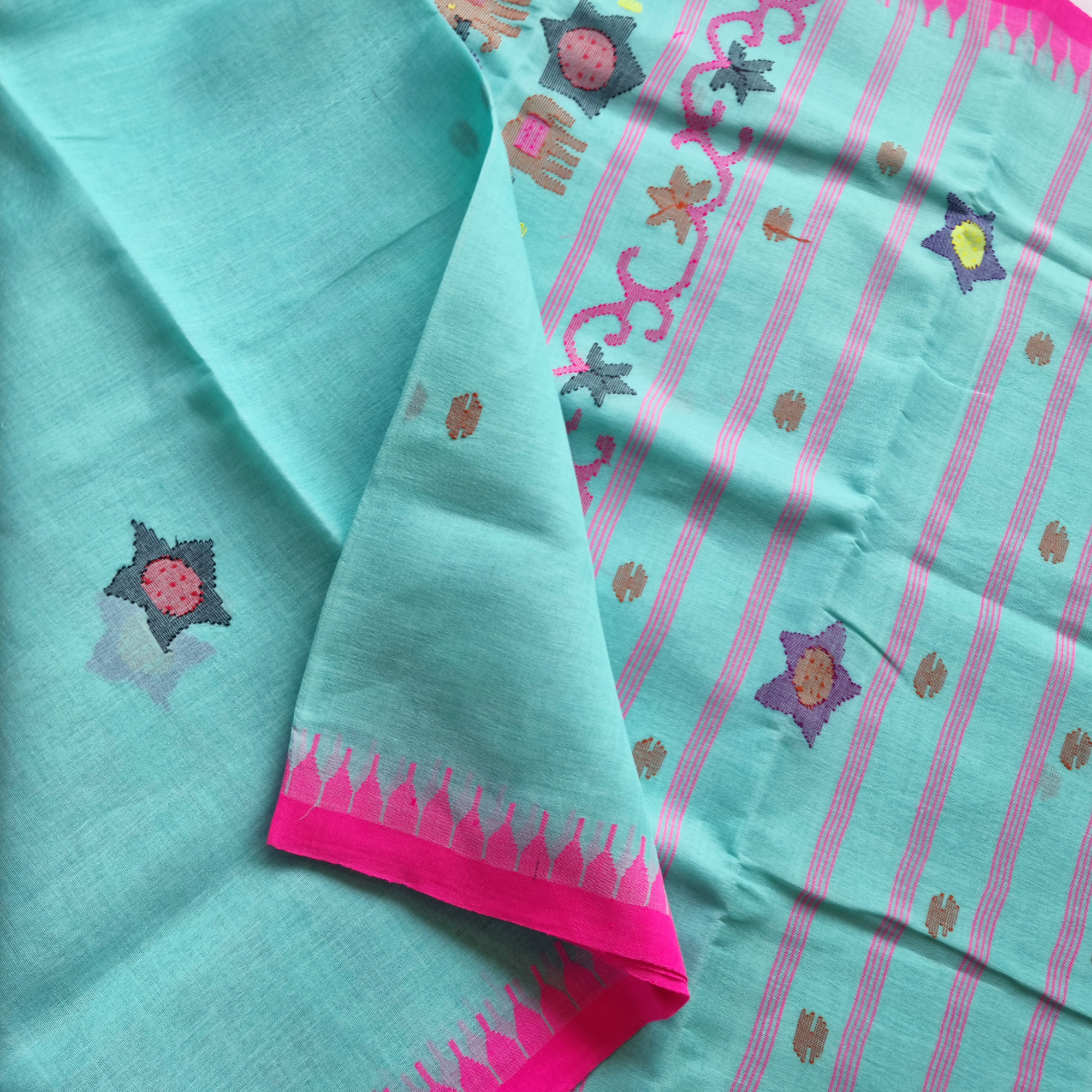Moirang phee sea blue with pink borders