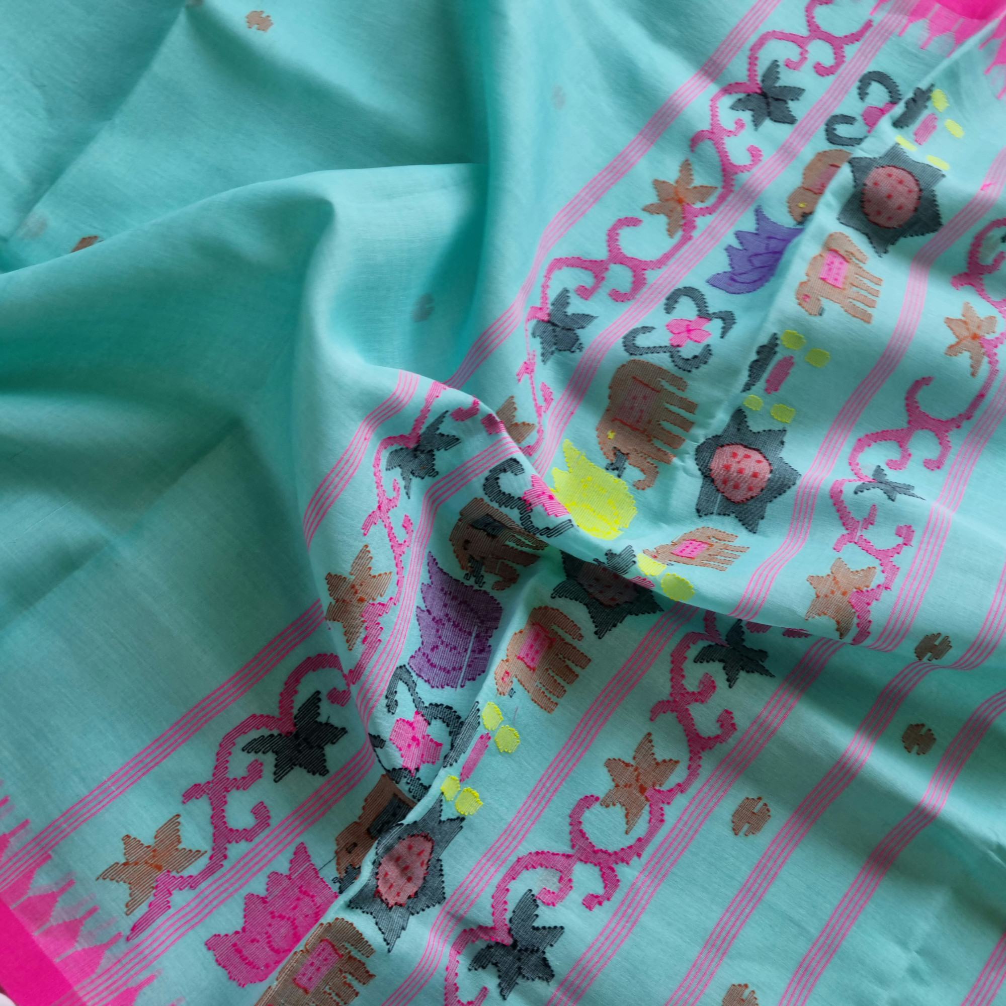 Moirang phee sea blue with pink borders