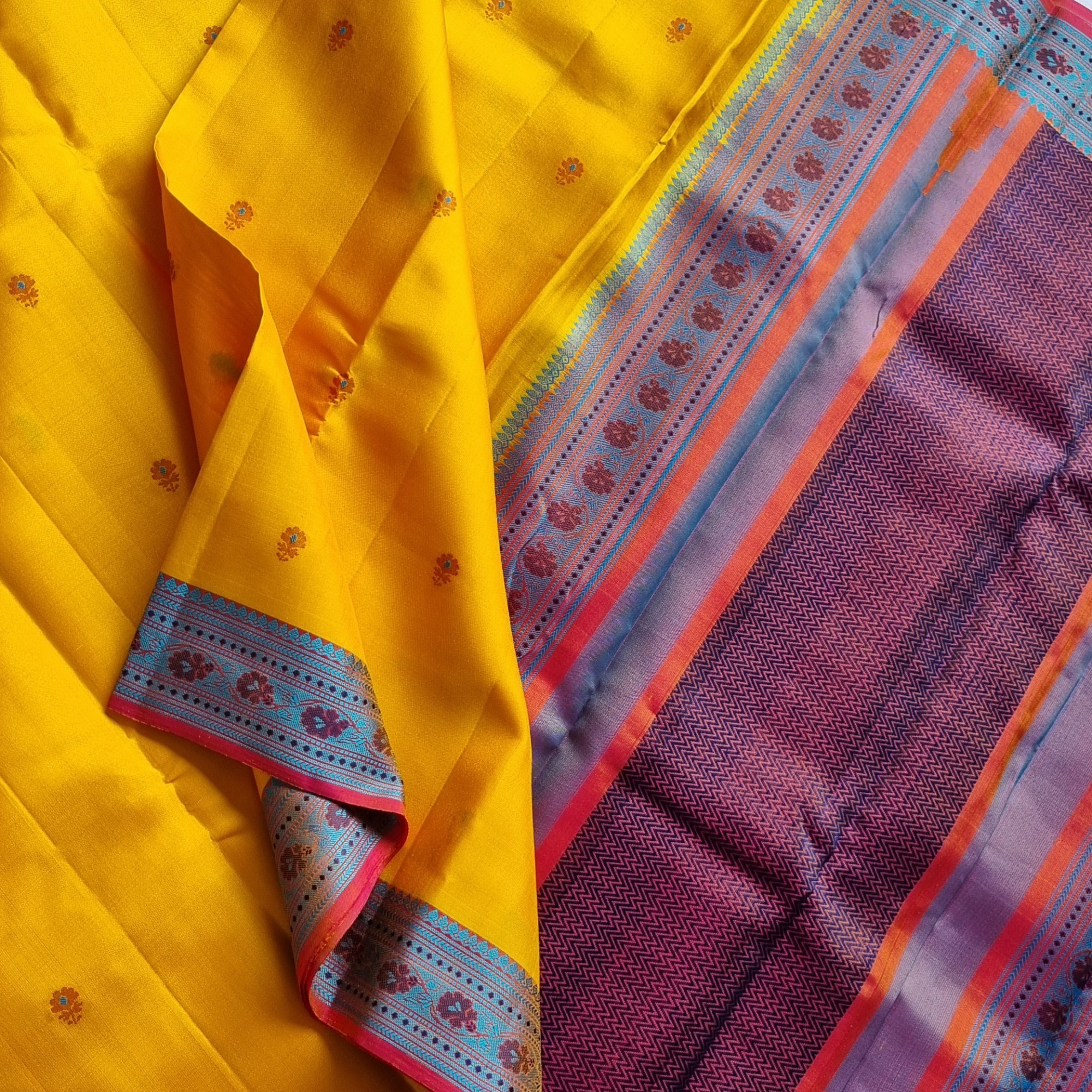 Kanjivaram Silk yellow Meenakari threadwork