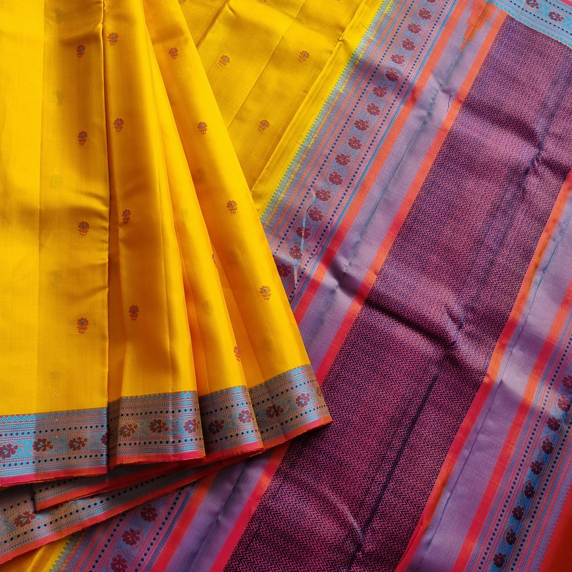 Kanjivaram Silk yellow Meenakari threadwork