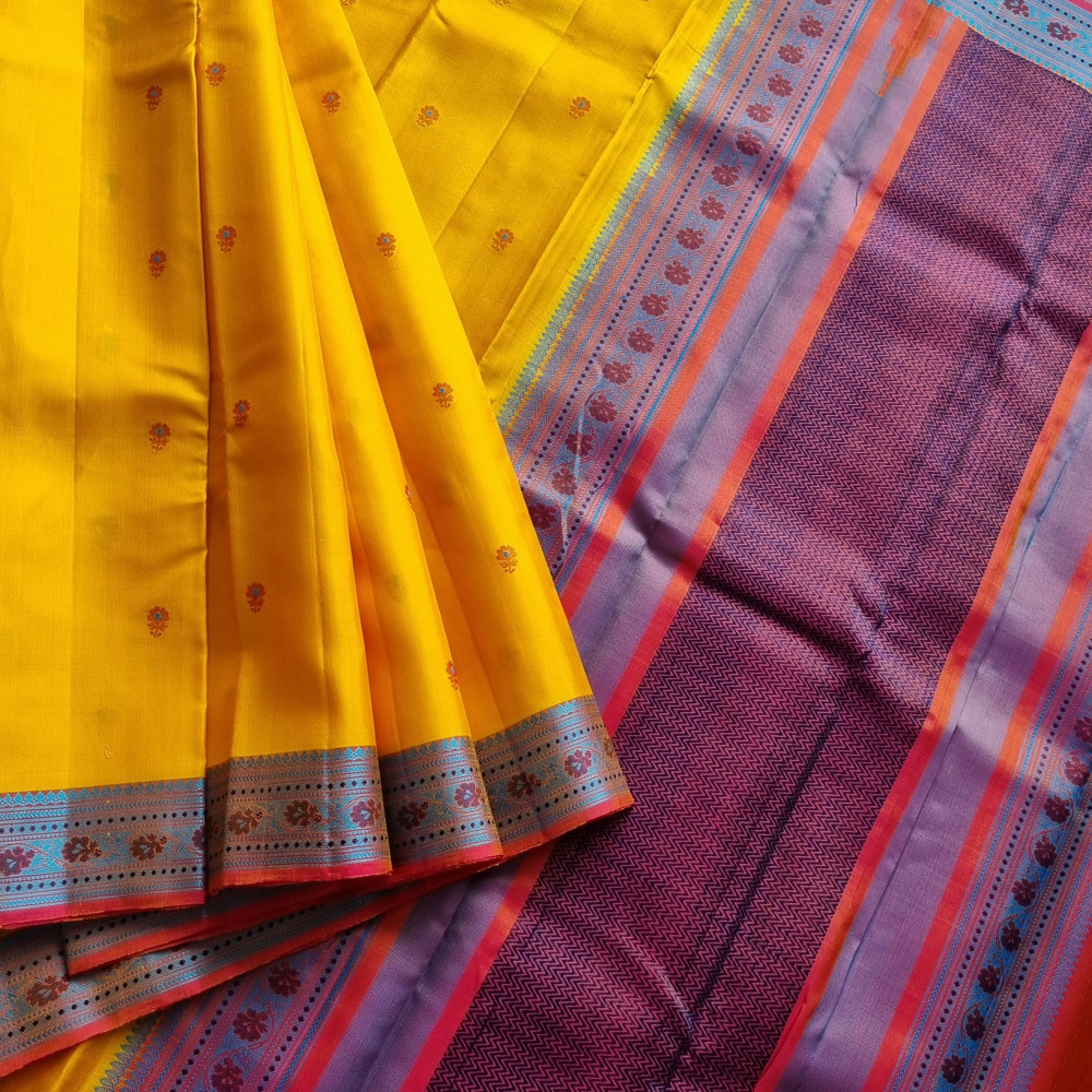 Image of Kanjivaram Silk yellow Meenakari threadwork