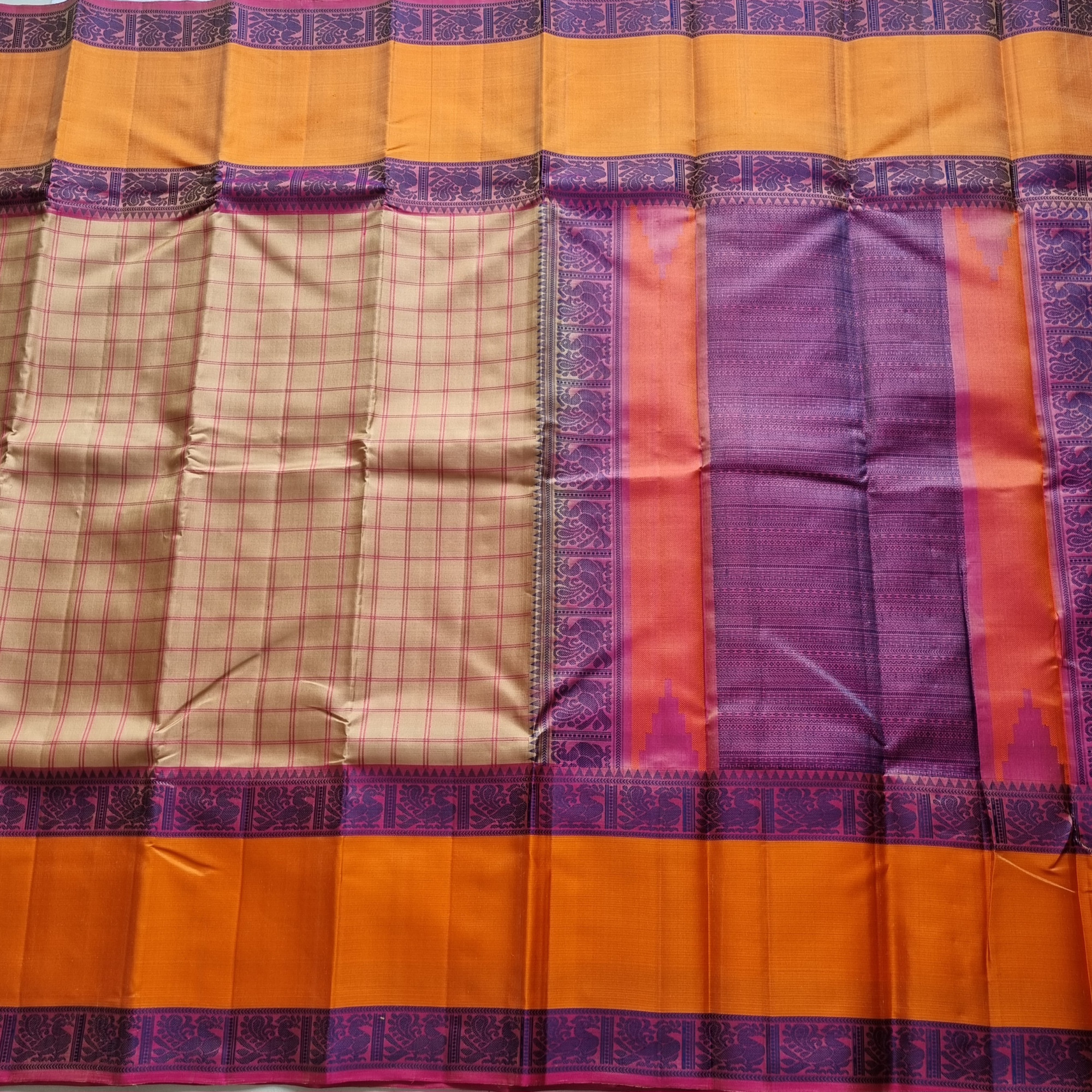 Kanjivaram Silk threadwork beige checked