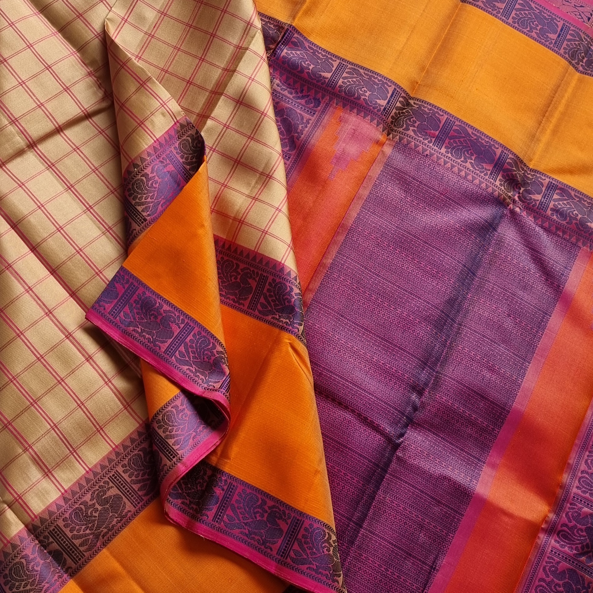 Kanjivaram Silk threadwork beige checked