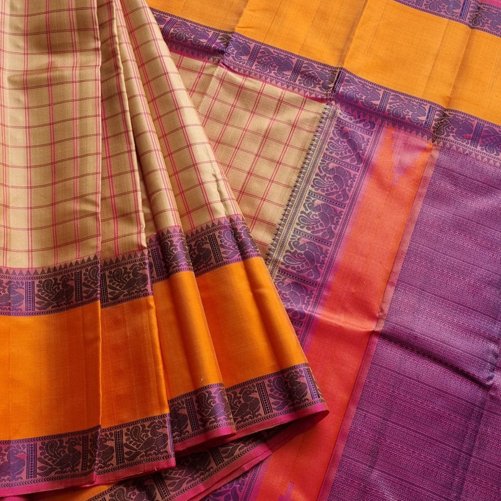 Image of Kanjivaram Silk threadwork beige checked