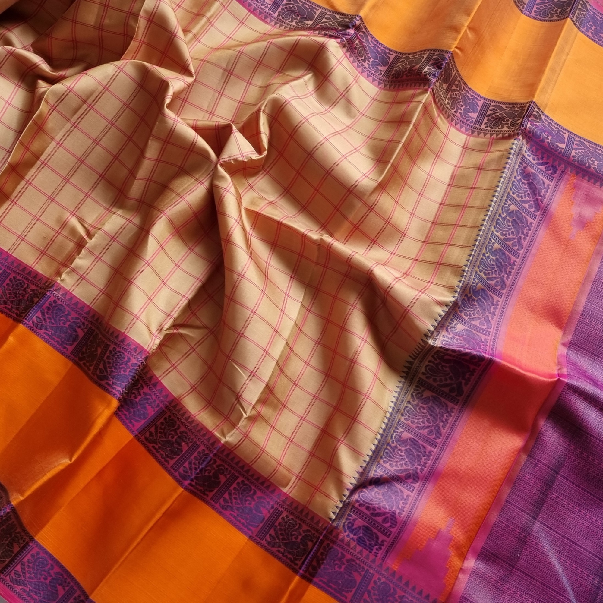Kanjivaram Silk threadwork beige checked