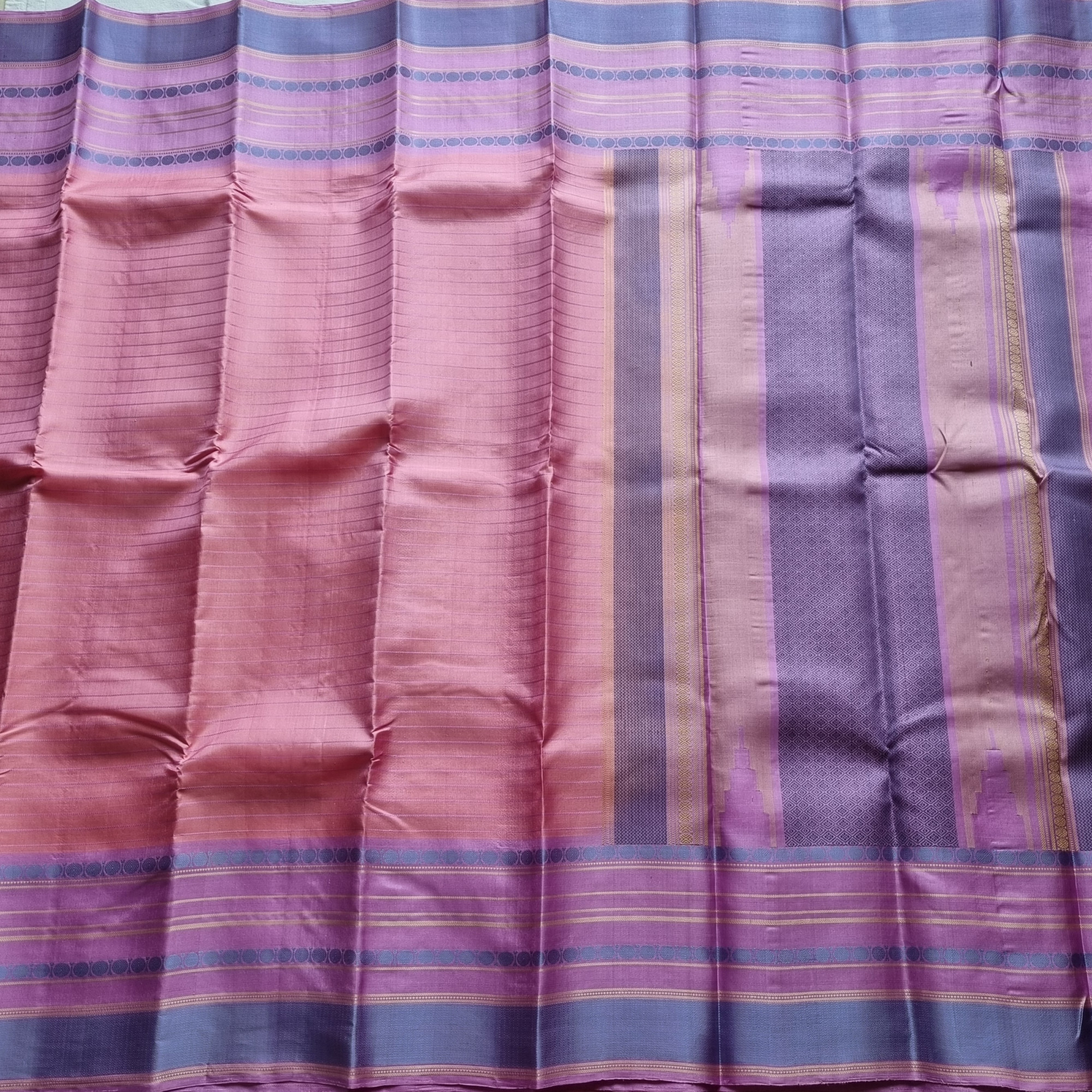 Kanjivaram Silk pink and lilac threadwork