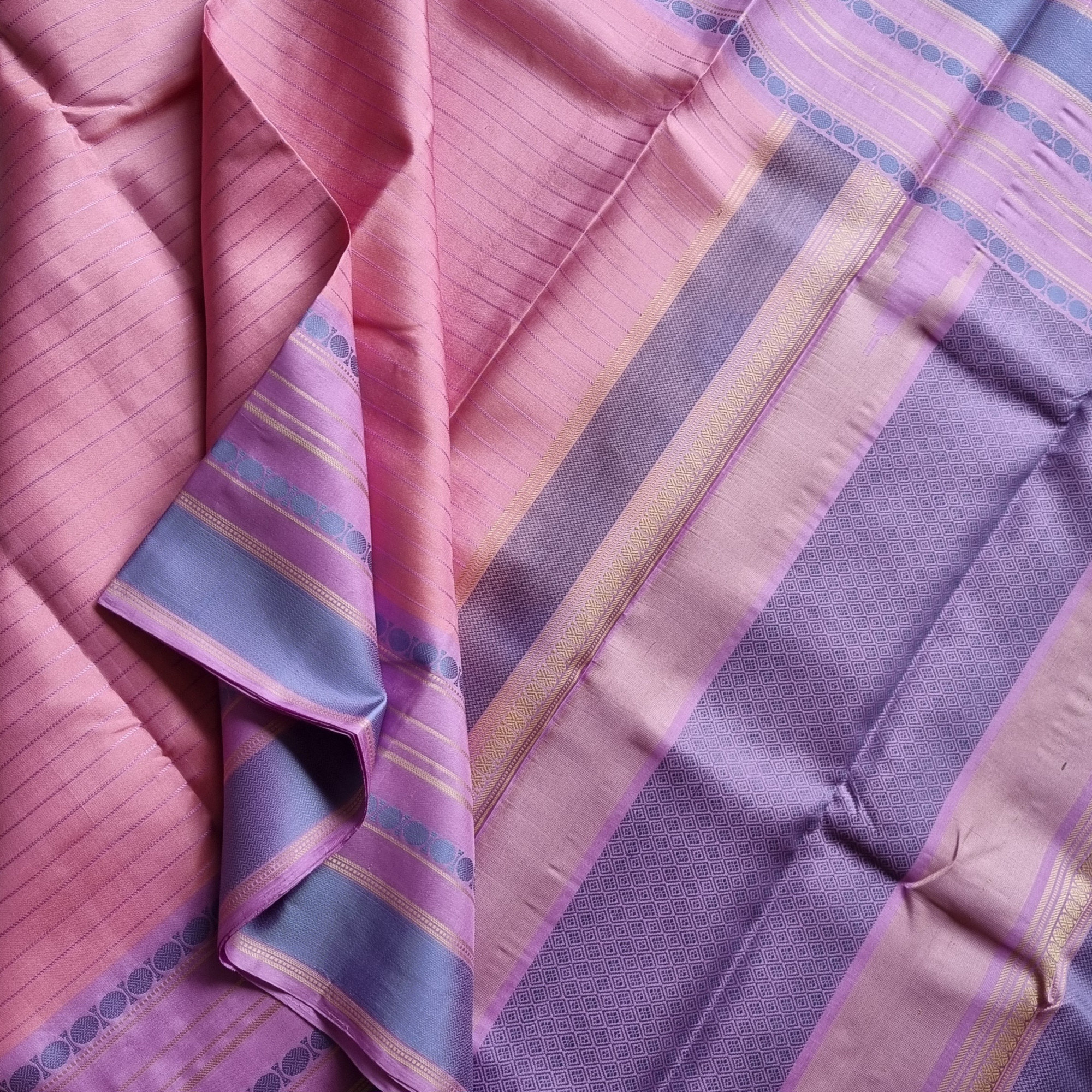 Kanjivaram Silk pink and lilac threadwork
