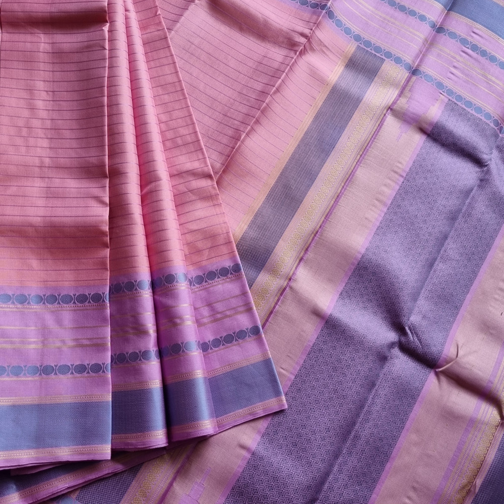 Image of Kanjivaram Silk pink and lilac threadwork