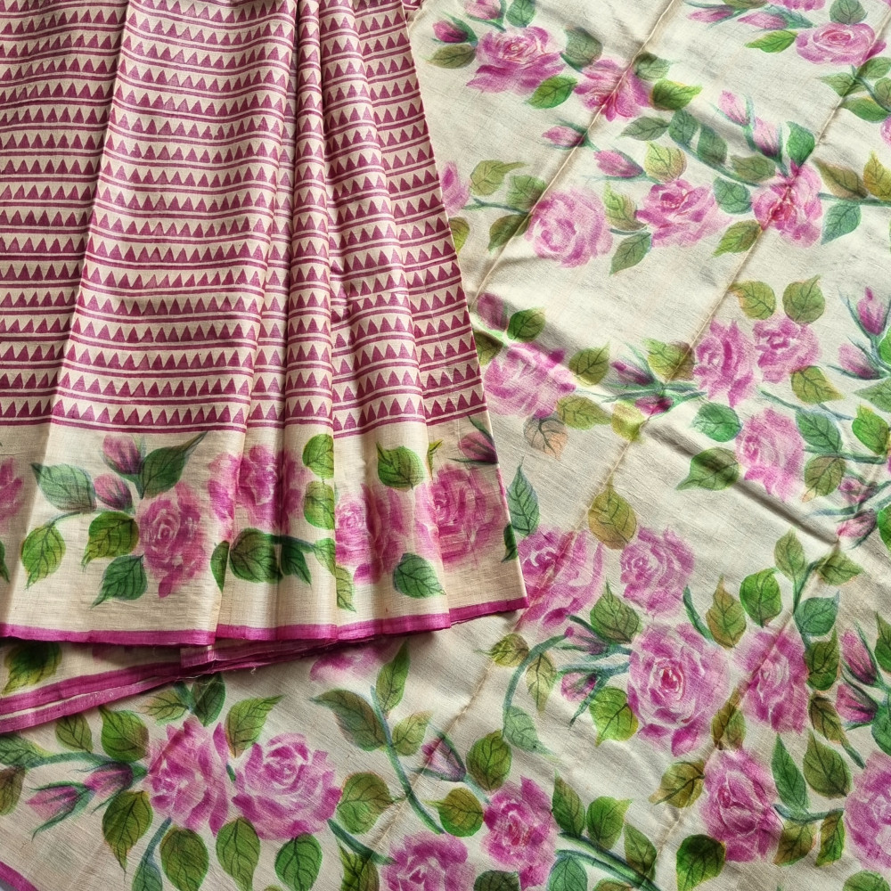 Image of Geometry and Roses on tussar - Tussar blockprinted with handpainted roses on borders and pallu