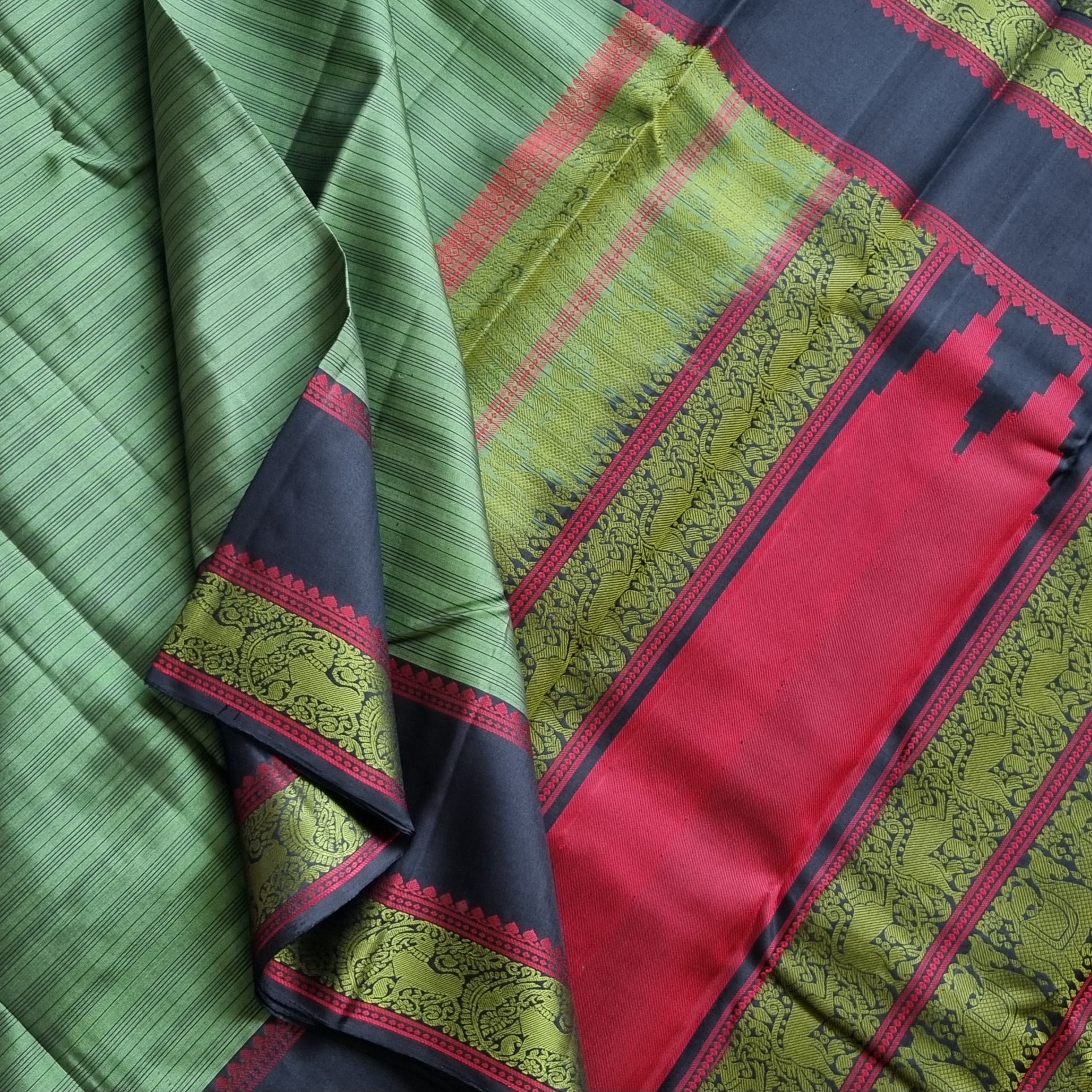 Olive green threadwork Kanjivaram silk saree