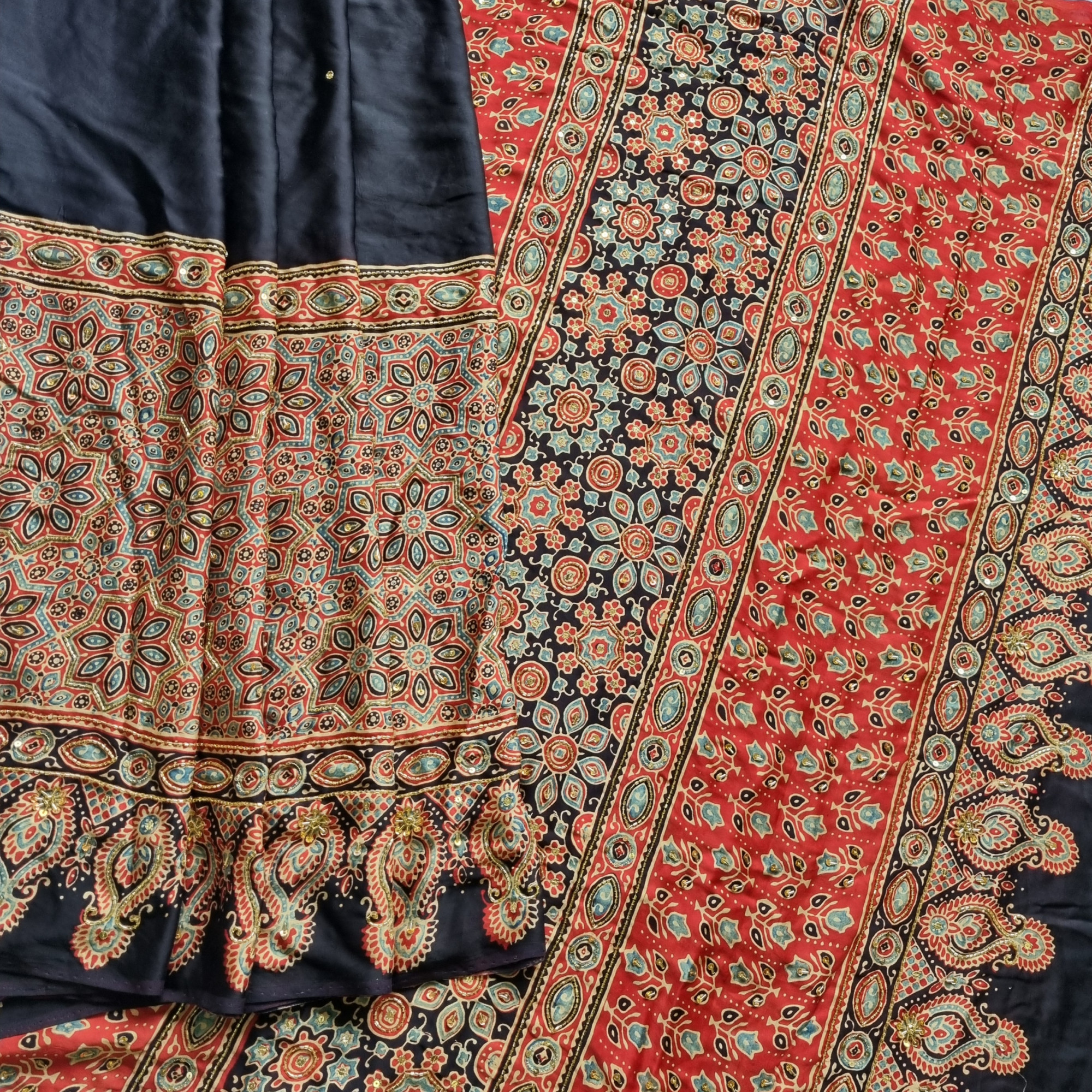 Handcrafted Ajrakh X Aari hand embroidery