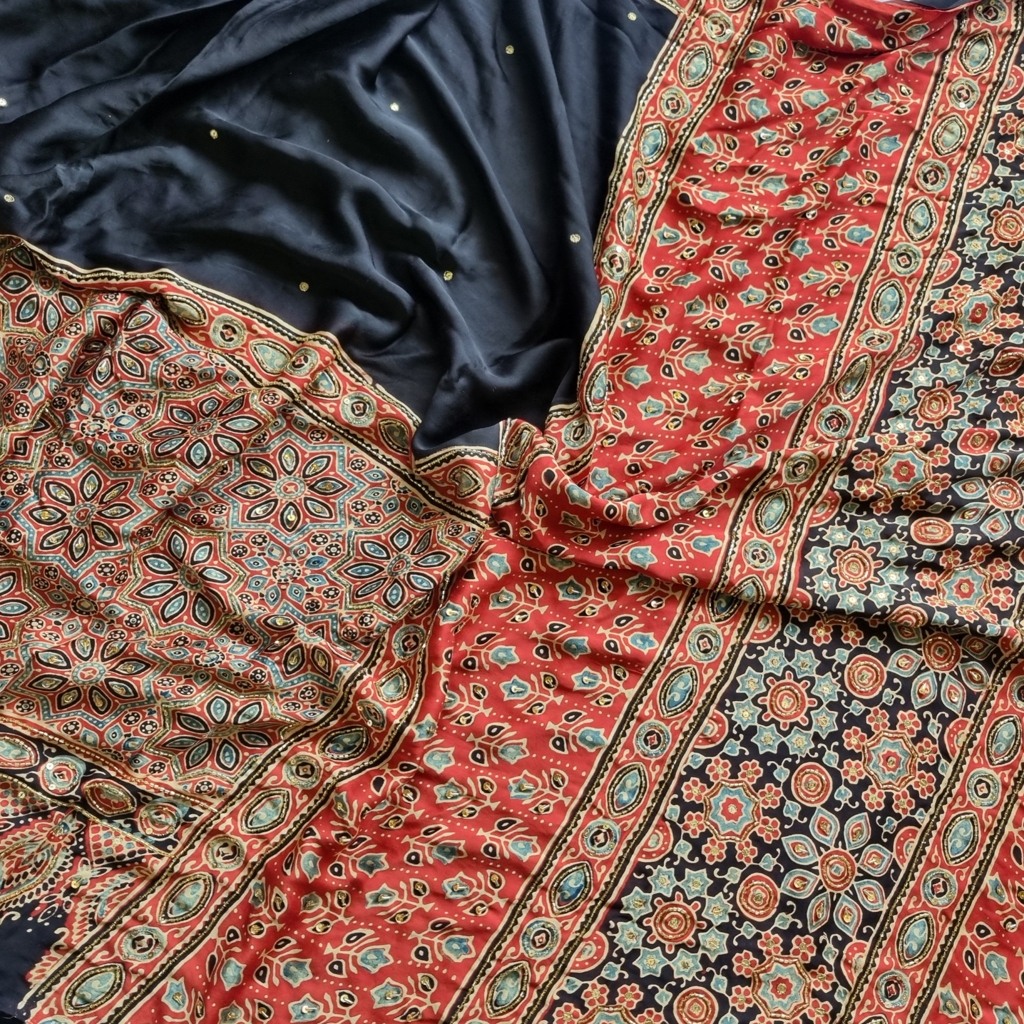 Handcrafted Ajrakh X Aari hand embroidery