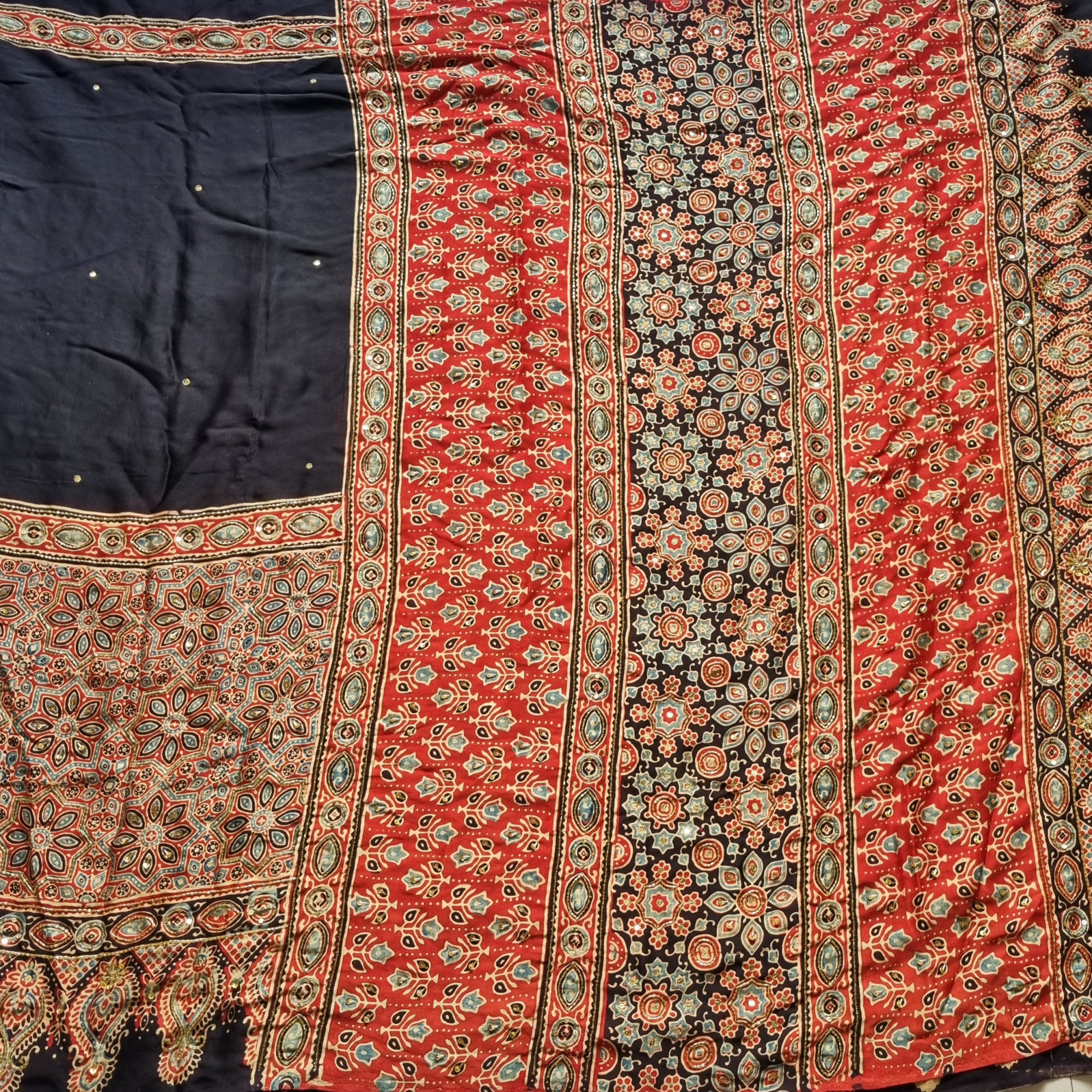 Handcrafted Ajrakh X Aari hand embroidery