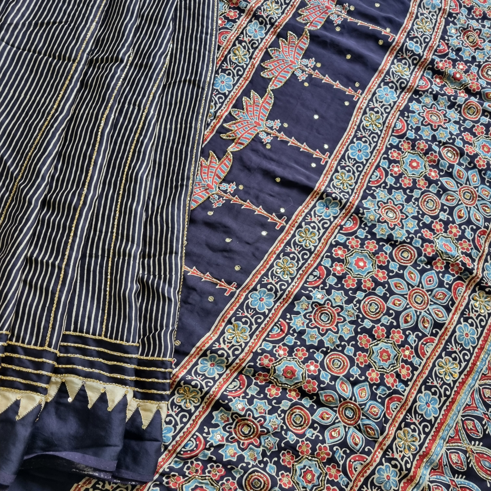 Handcrafted Ajrakh X Aari hand embroidery