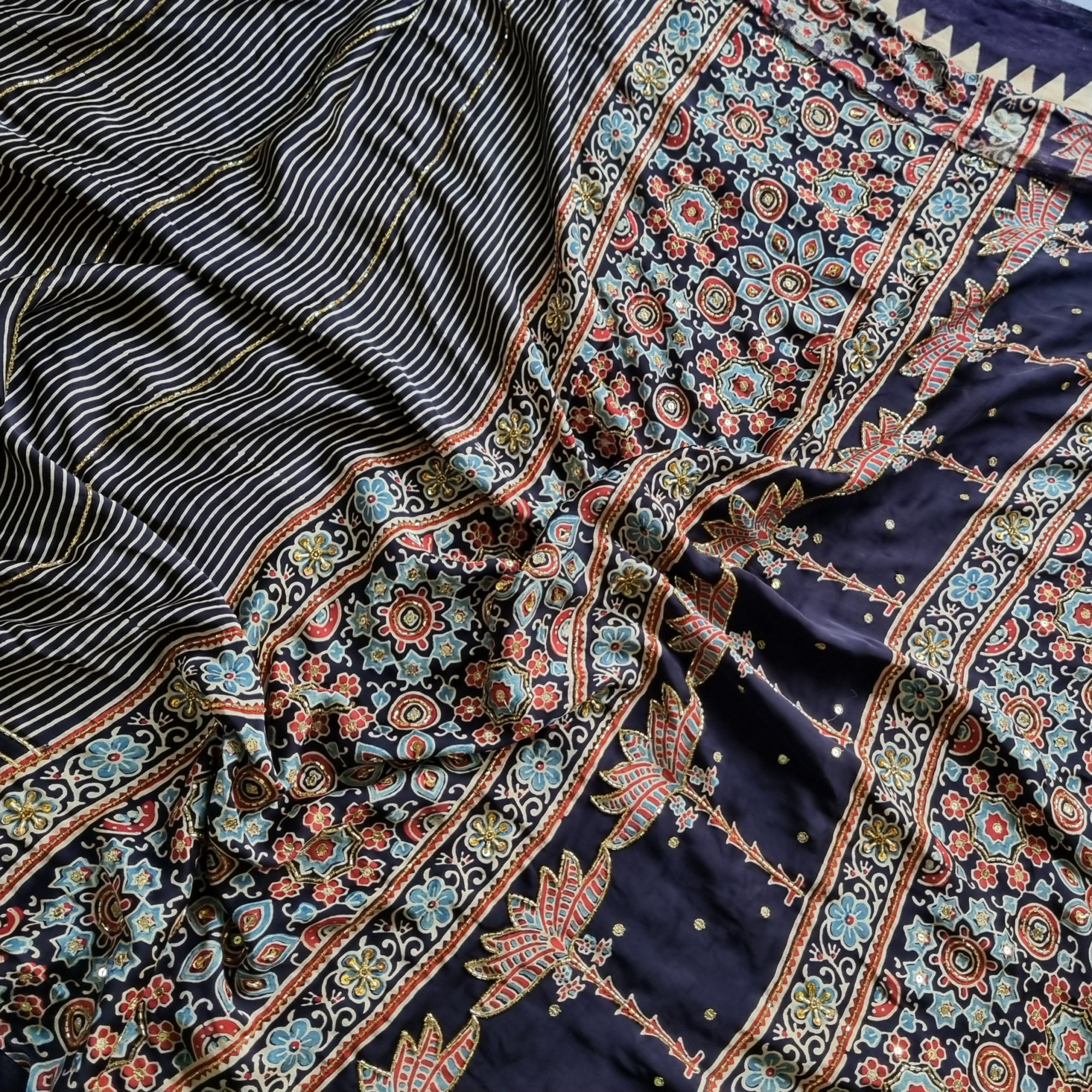 Handcrafted Ajrakh X Aari hand embroidery