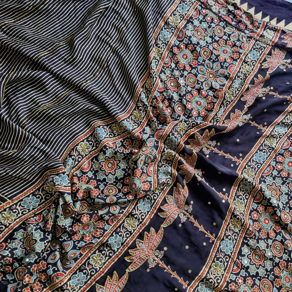 Image of Handcrafted Ajrakh X Aari hand embroidery