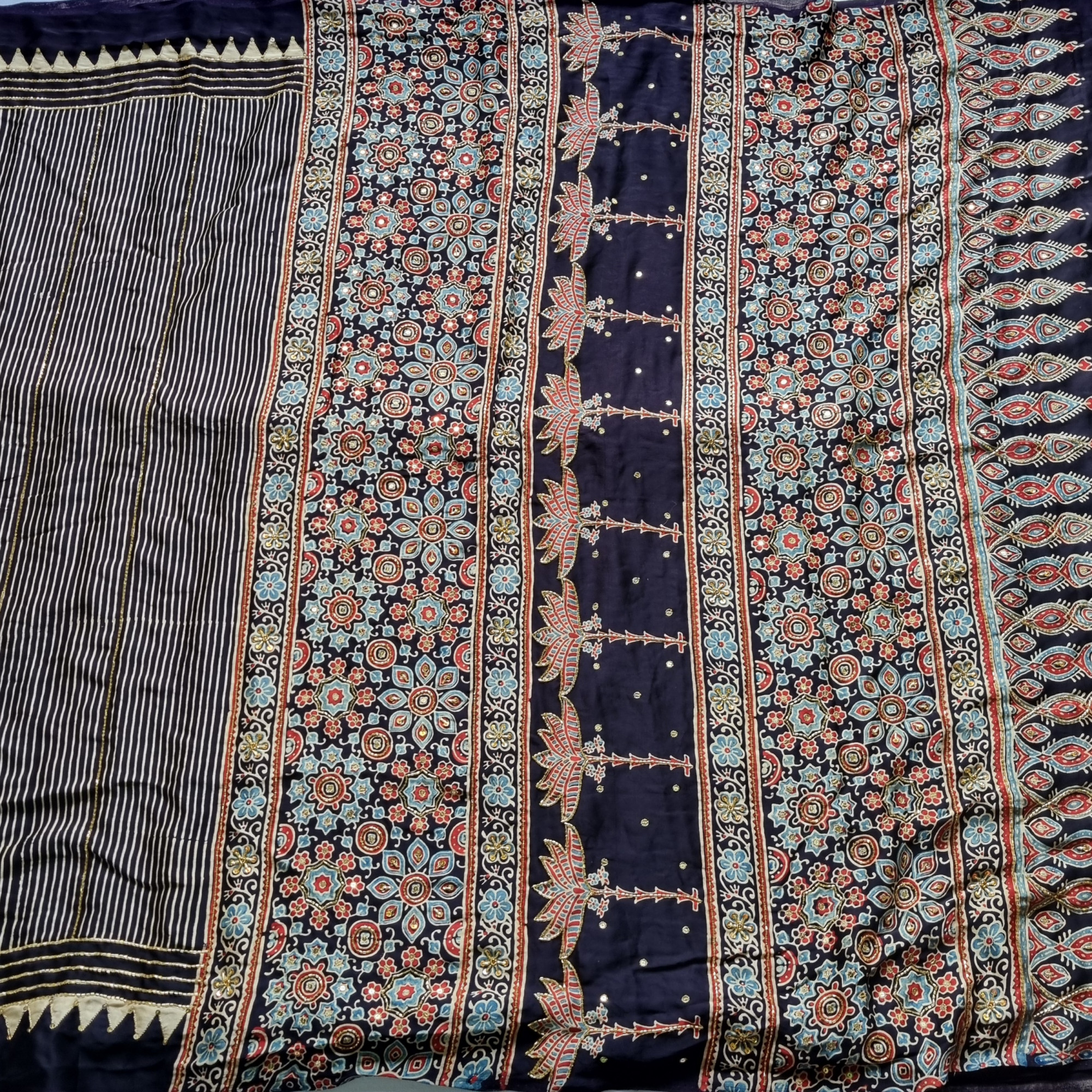 Handcrafted Ajrakh X Aari hand embroidery