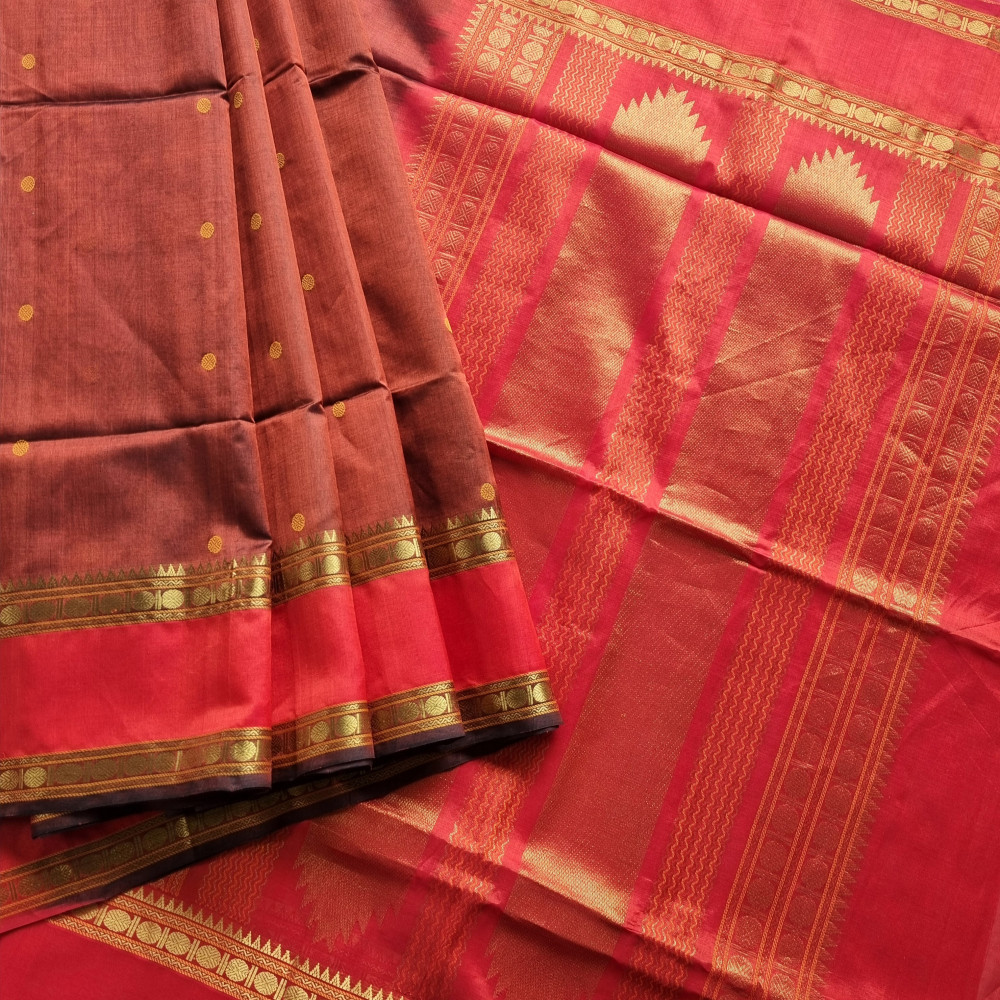 Image of Silkcotton Saree rust brown and red
