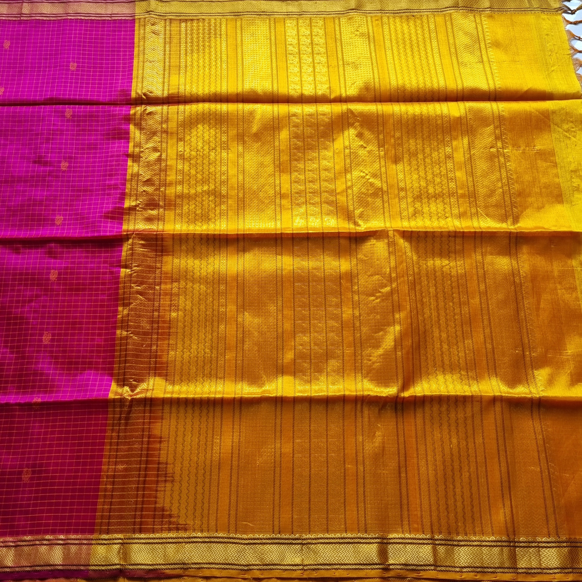 Silkcotton saree Rani pink and yellow