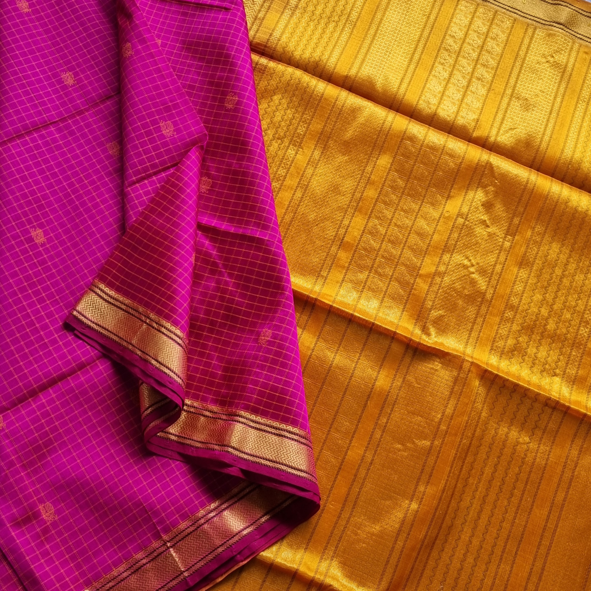 Silkcotton saree Rani pink and yellow