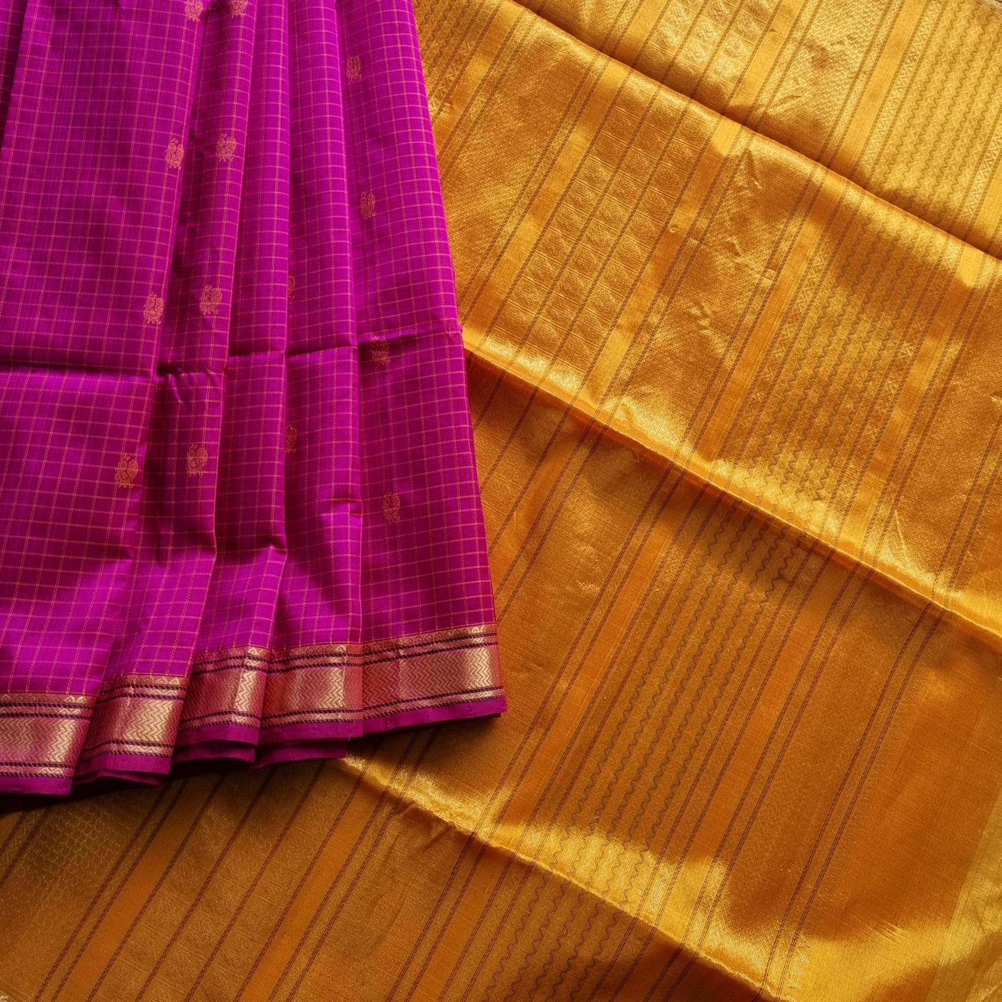 Silkcotton saree Rani pink and yellow