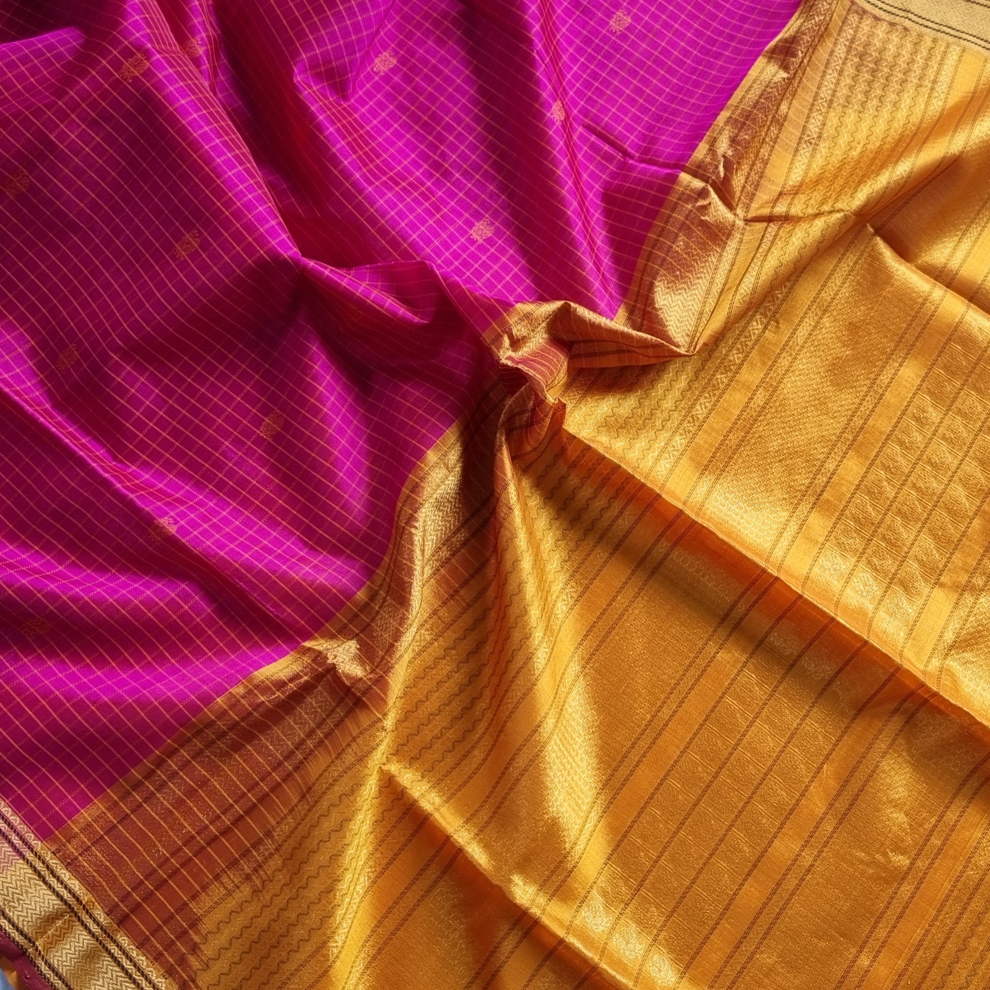 Silkcotton saree Rani pink and yellow
