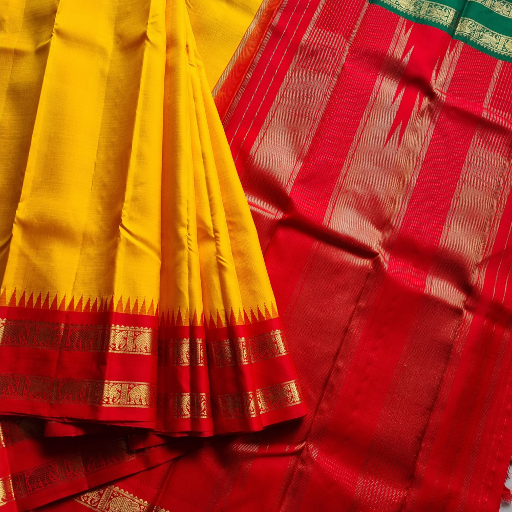 Image of Kanjivaram Silk Yellow Ganga Jamuna Korvai